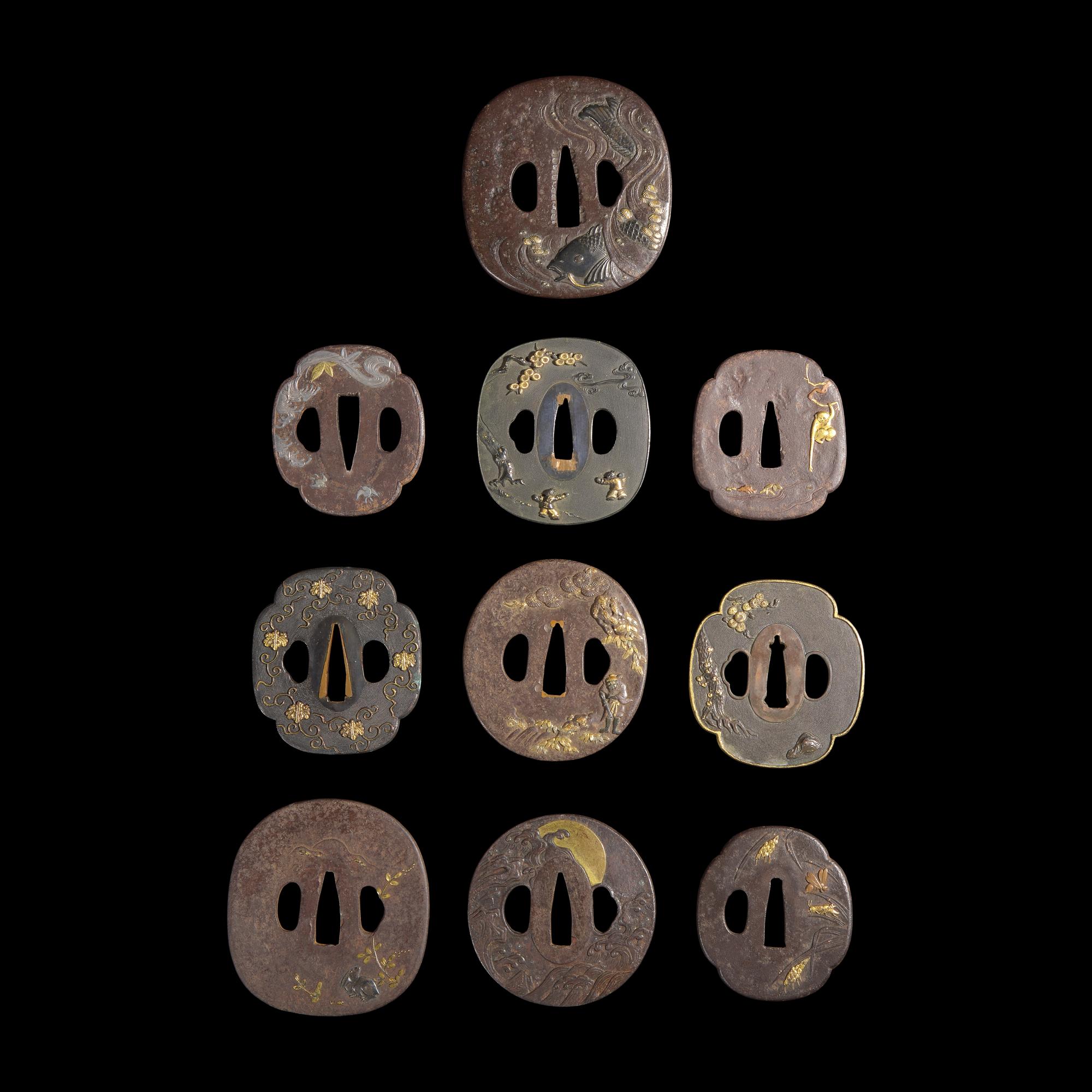 Ten Japanese Mixed-Metal Tsuba, Edo Period, 18th/19th century — 日本江戶時代 刀镡一組十件