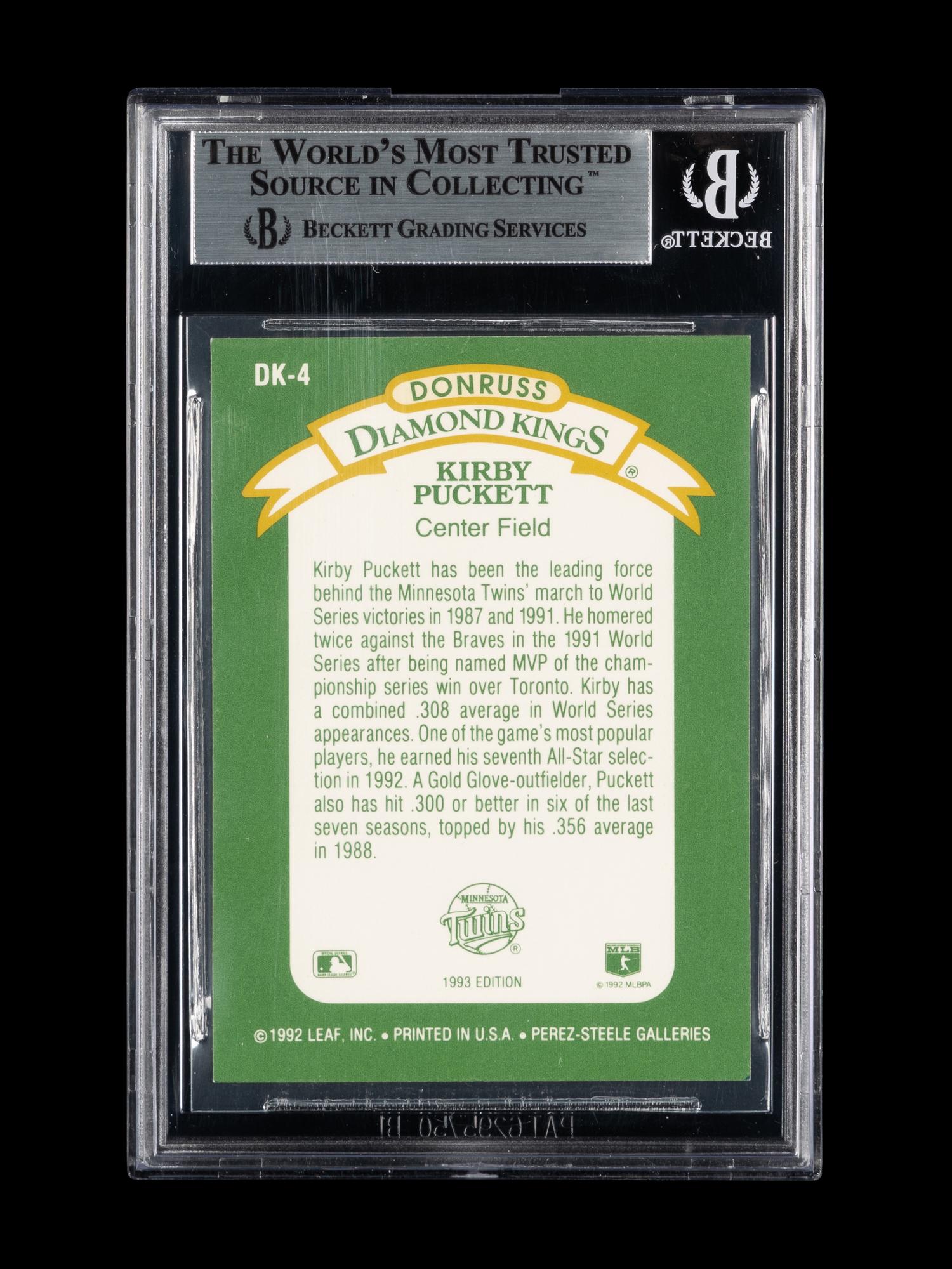 A 1993 Donruss Diamond Kings Kirby Puckett Signed Autograph Baseball Card No. DK-4 (Beckett Authentication Services BAS Certified)