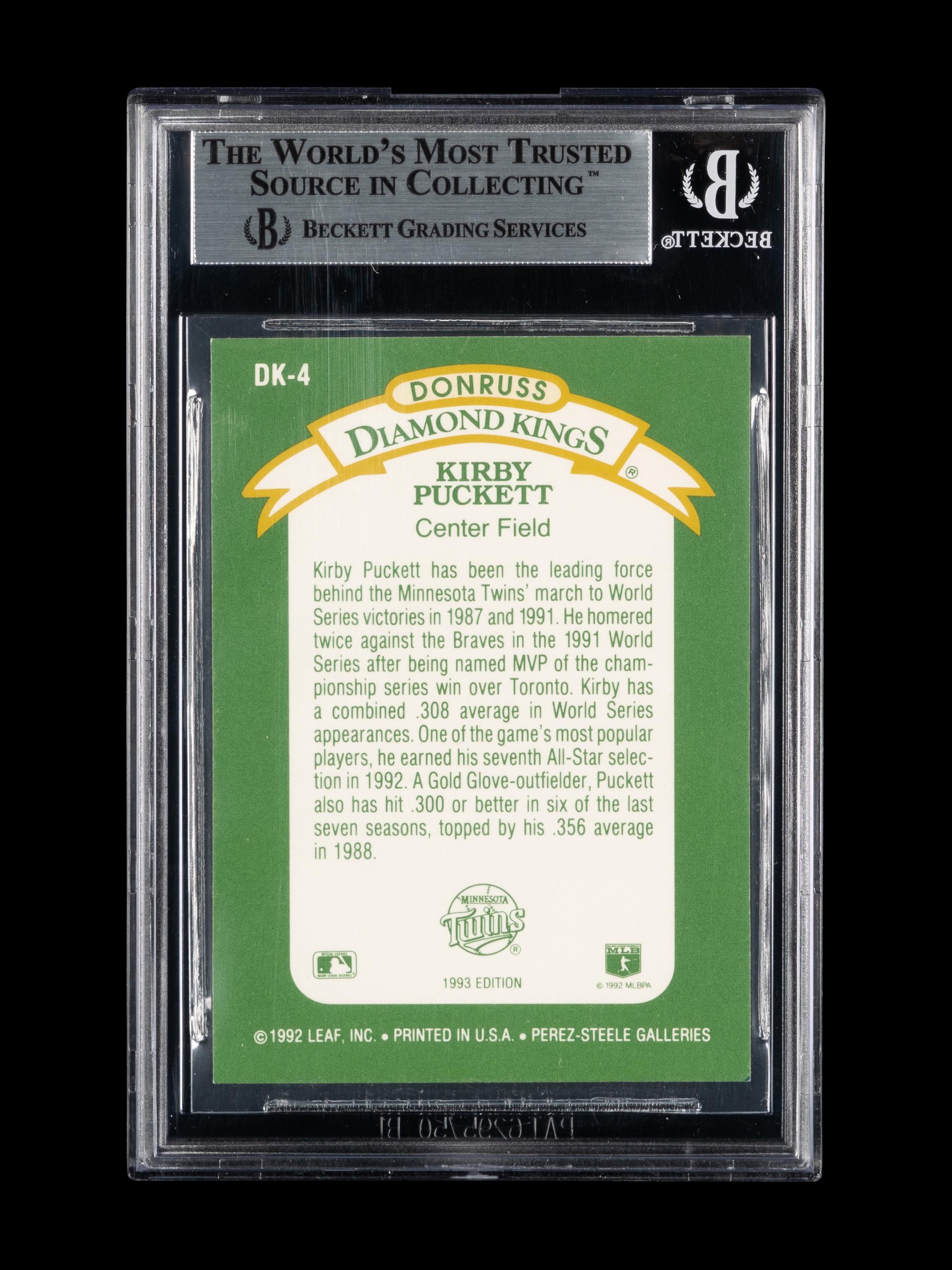 A 1993 Donruss Diamond Kings Kirby Puckett Signed Autograph Baseball Card No. DK-4 (Beckett Authentication Services BAS Certified)