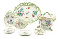 Ten Herend Porcelain Table Articles, Width of widest 13 1/4 inches.