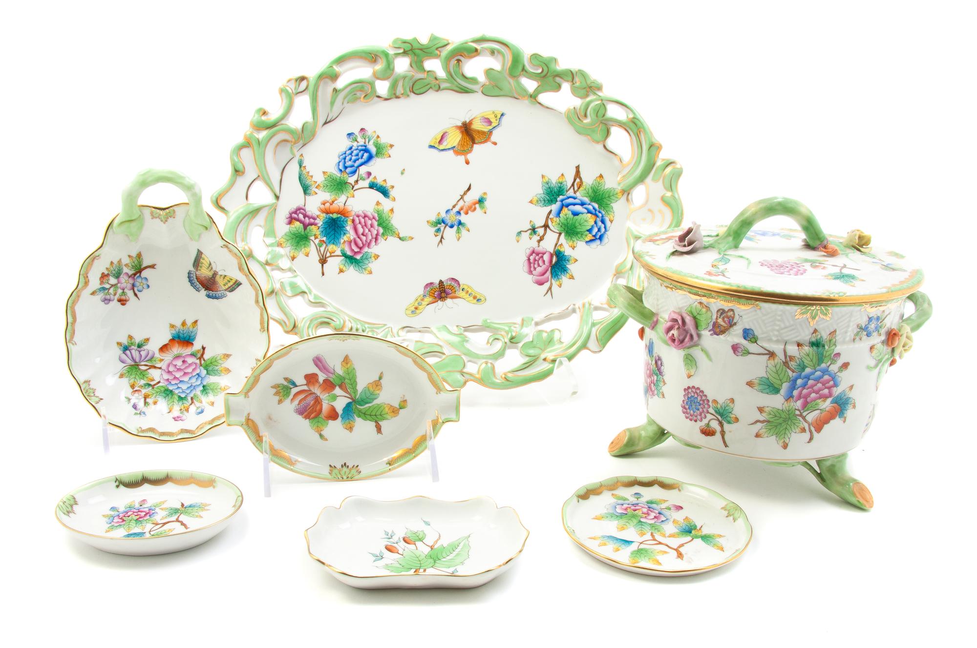 Ten Herend Porcelain Table Articles, Width of widest 13 1/4 inches.