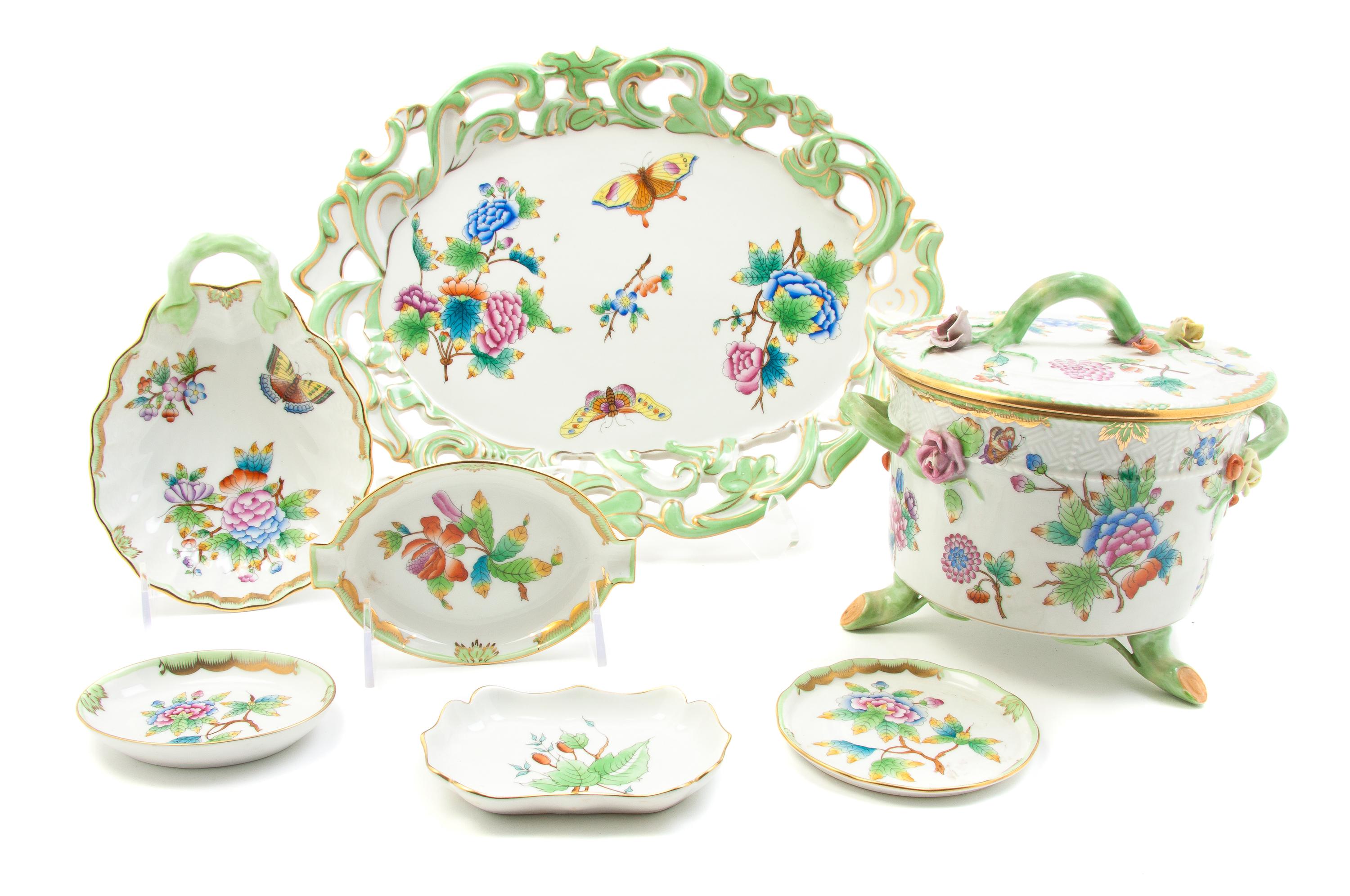 Ten Herend Porcelain Table Articles, Width of widest 13 1/4 inches.