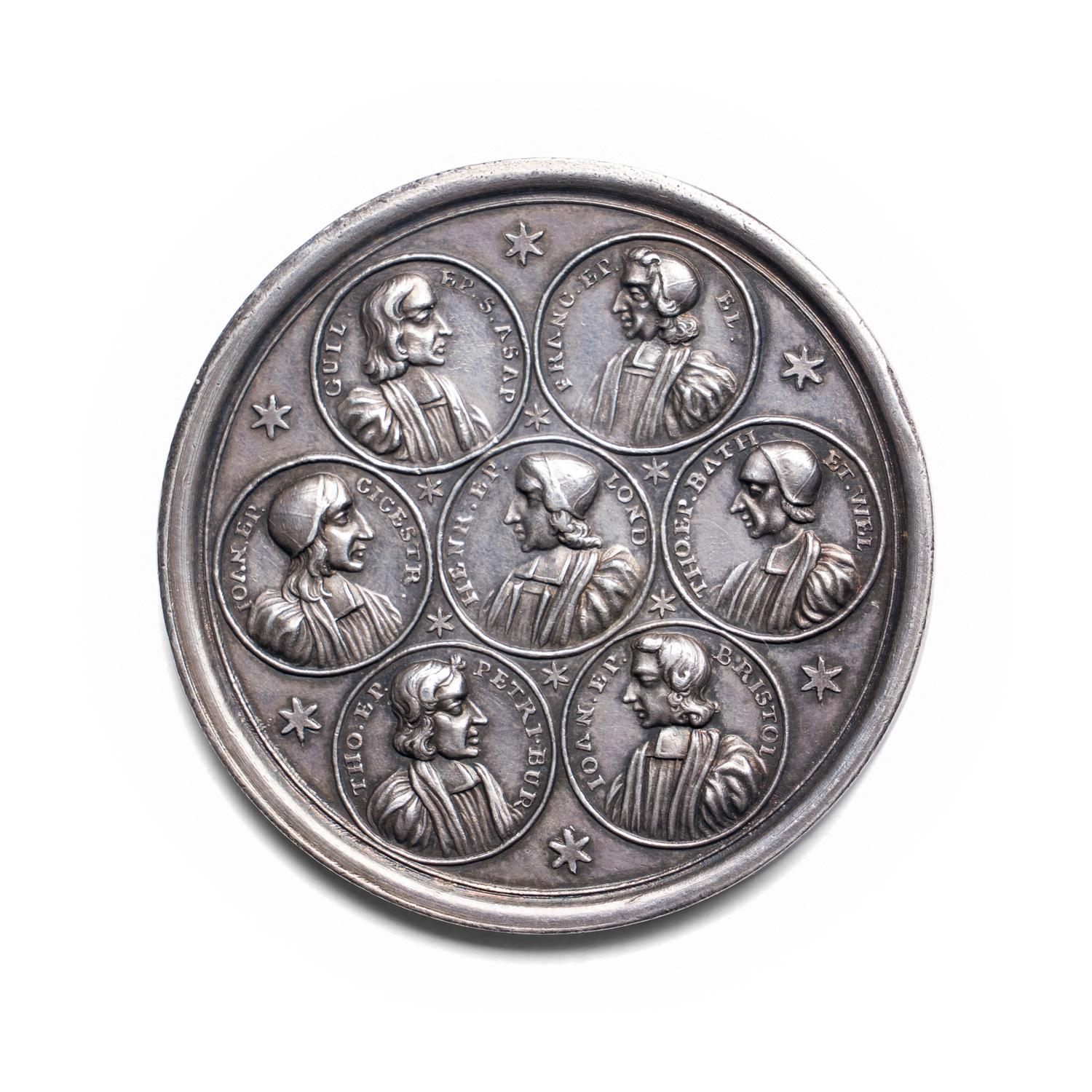 [ EXONUMIA] A British Silver Medallion by George Bower (17th Century) Commemorating the Imprisonment of Archibishop Sancroft and the Seven Bishops (60.6 g, 53m, Plain Edge)