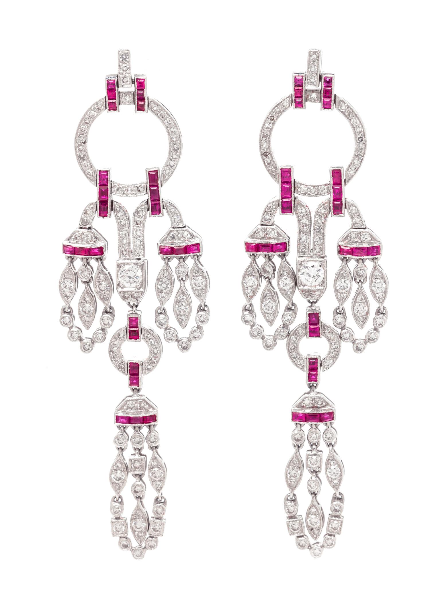 A Pair of 18 Karat White Gold, Diamond and Ruby Chandelier Earrings, 11.30 dwts.
