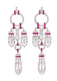 A Pair of 18 Karat White Gold, Diamond and Ruby Chandelier Earrings, 11.30 dwts.