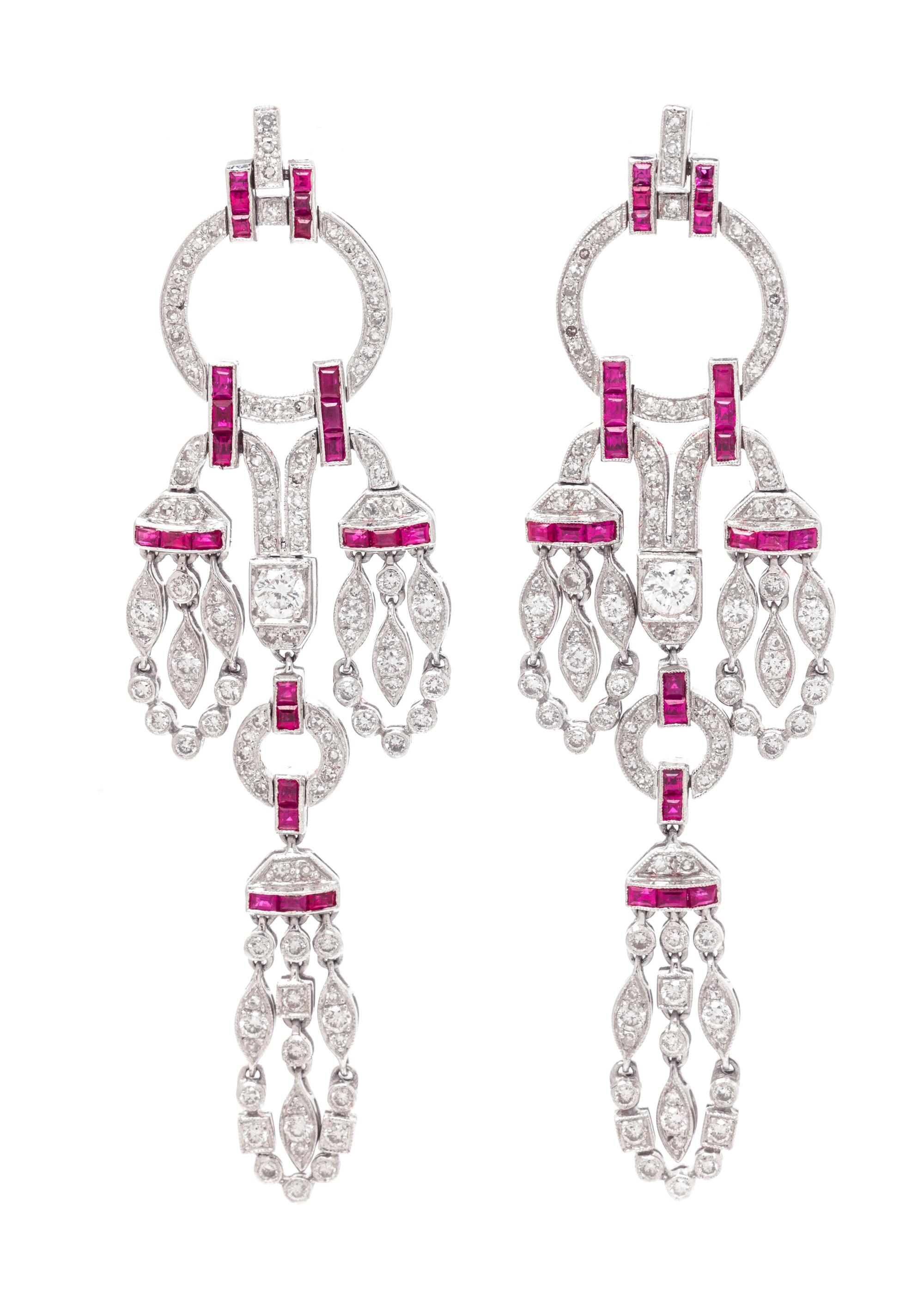 A Pair of 18 Karat White Gold, Diamond and Ruby Chandelier Earrings, 11.30 dwts.