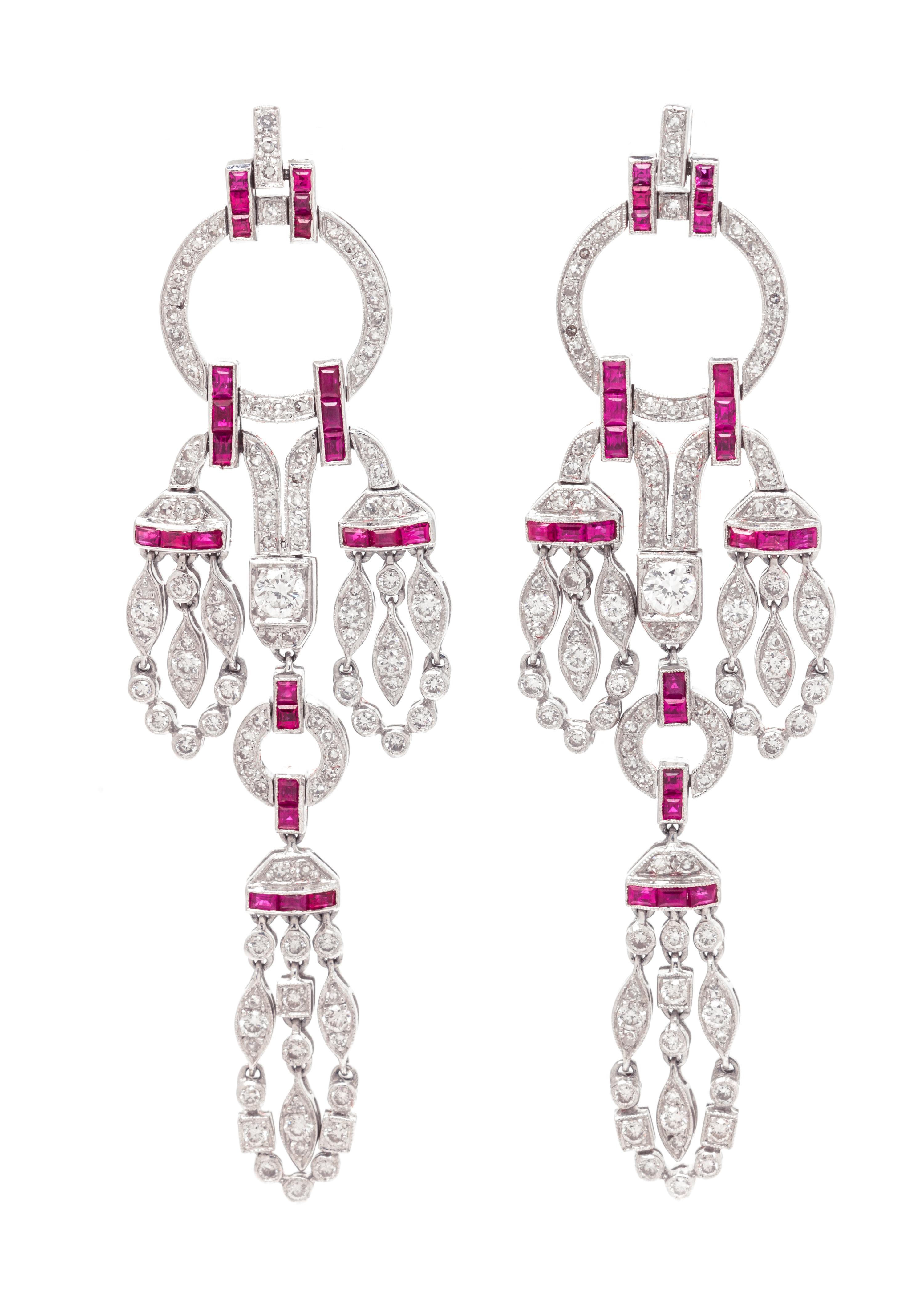 A Pair of 18 Karat White Gold, Diamond and Ruby Chandelier Earrings, 11.30 dwts.