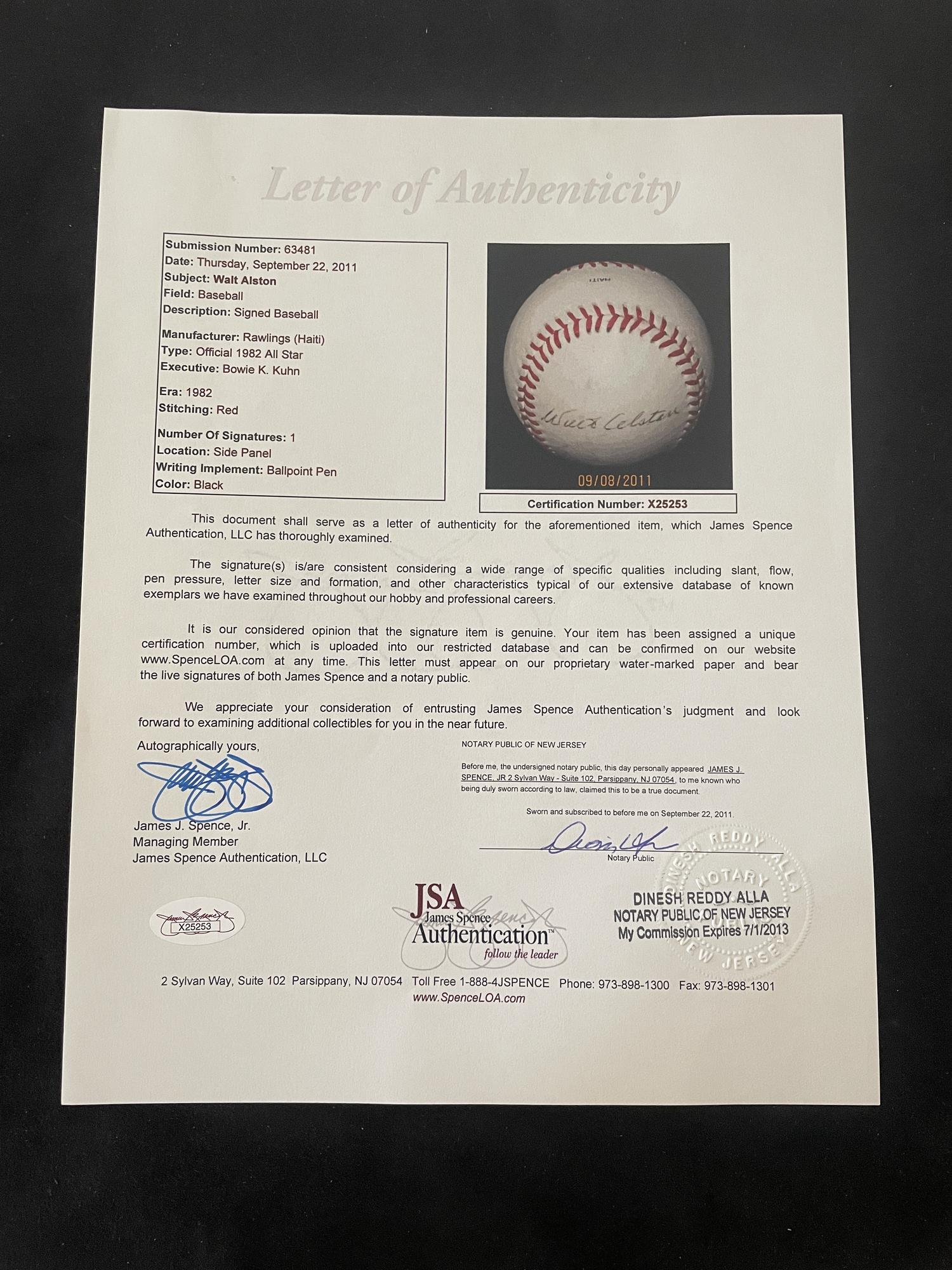 A Walter Alston Single Signed Autograph Baseball (JSA Letter)