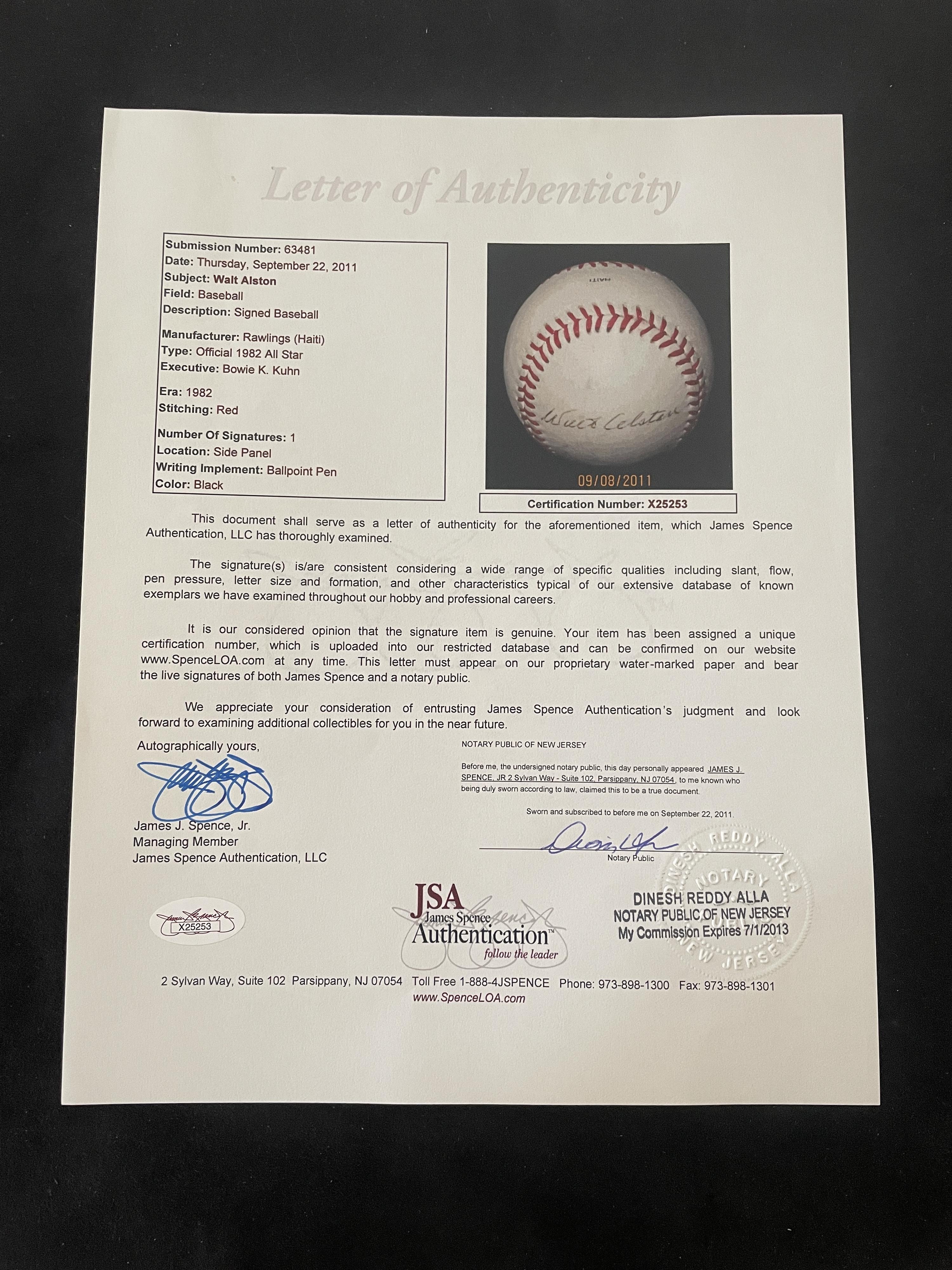 A Walter Alston Single Signed Autograph Baseball (JSA Letter)