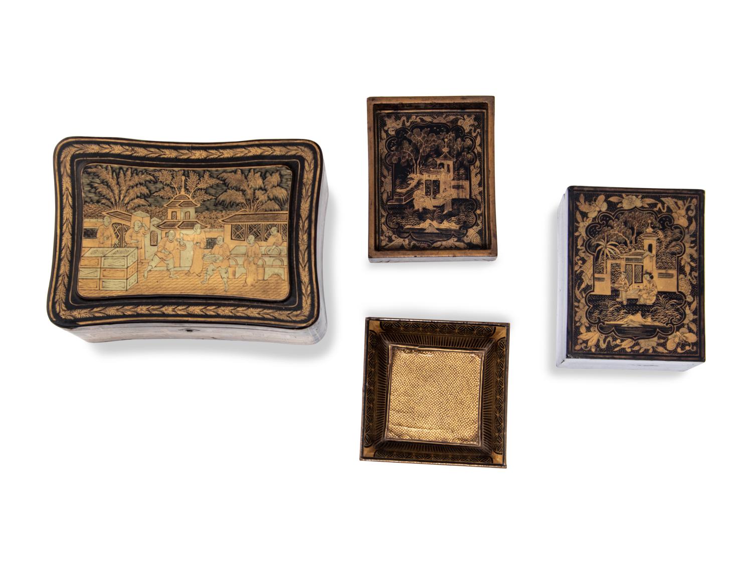 Seven Chinese Export Gilt and Black Lacquered Boxes and Dishes