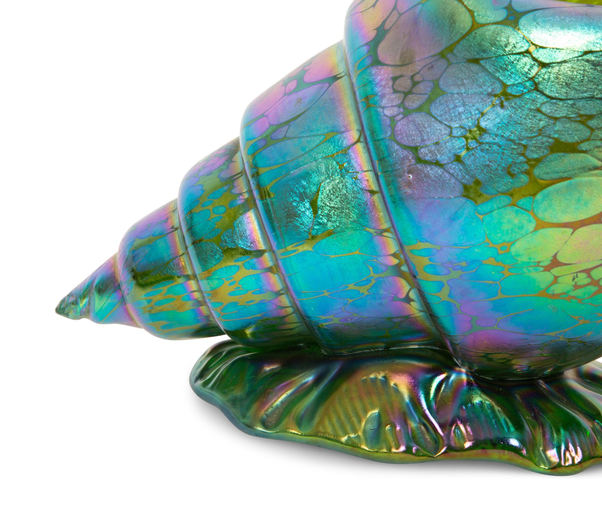 A Loetz Papillon Iridescent Art Glass Conch-Form Vase