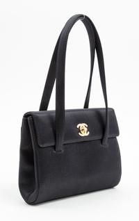 A Chanel Black Satin Small Flap Handbag, 7.5" x 5.5" x 1.75"; Handle drop: 5.5".