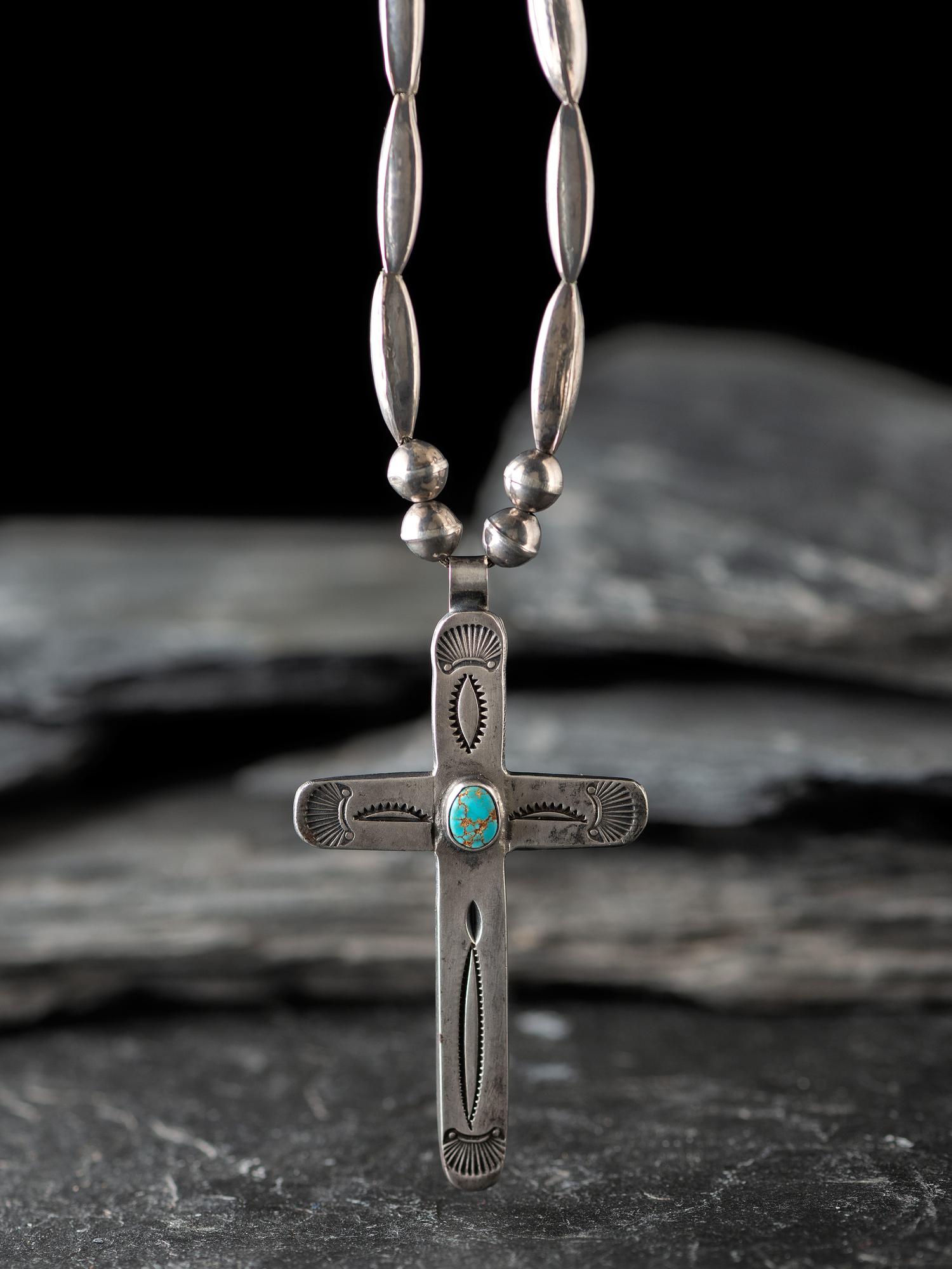 Navajo Stamped Silver and Turquoise Cross