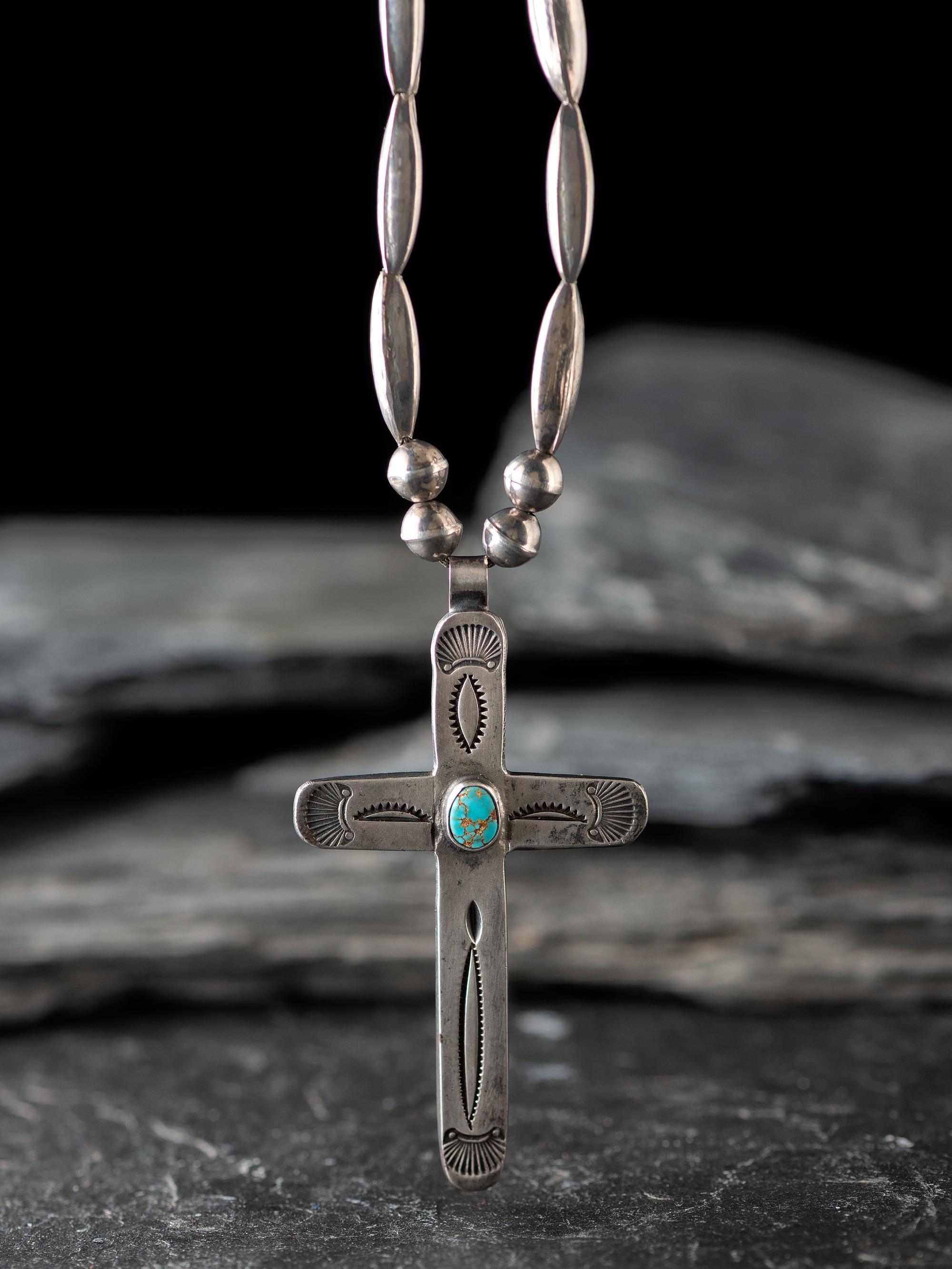 Navajo Stamped Silver and Turquoise Cross