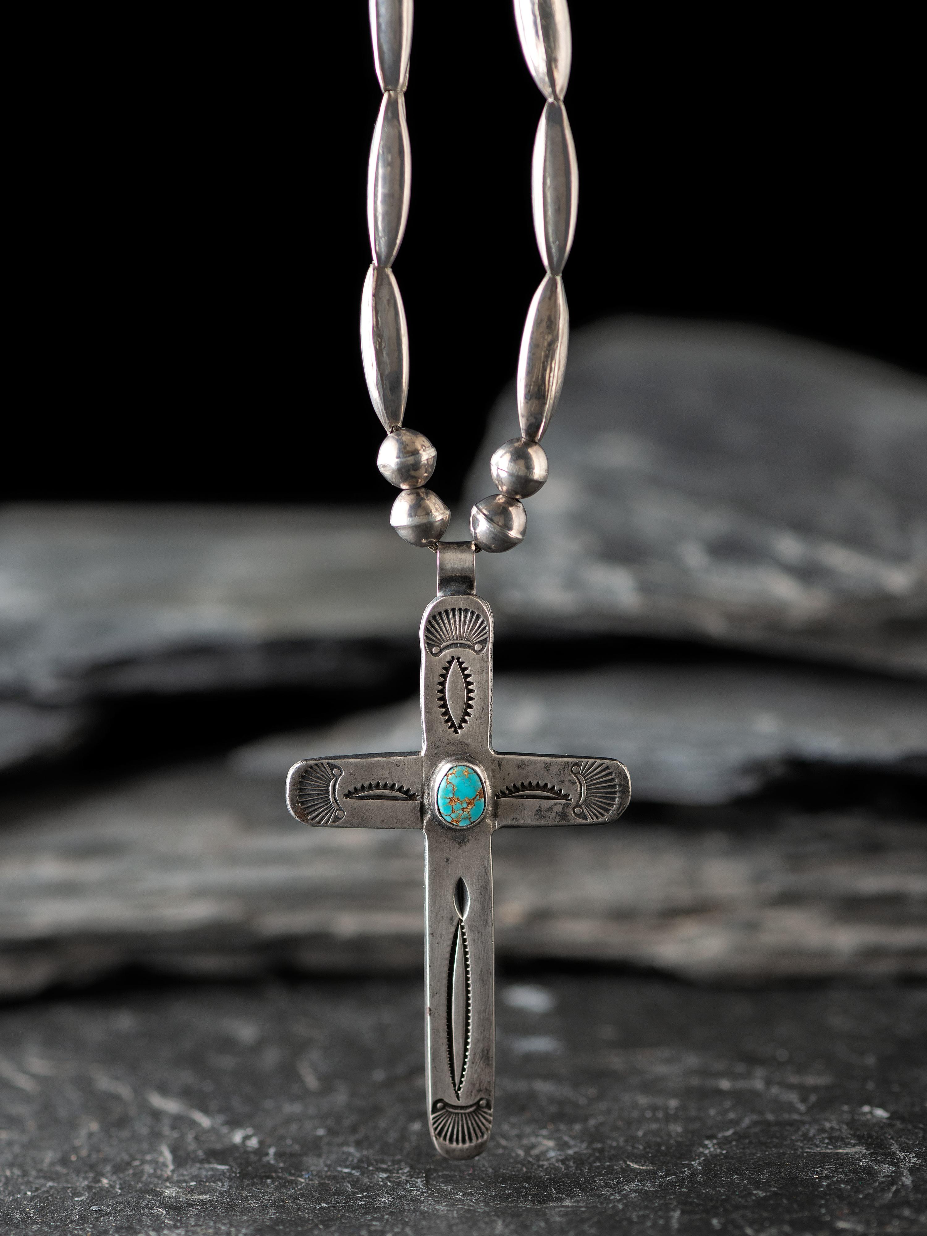 Navajo Stamped Silver and Turquoise Cross