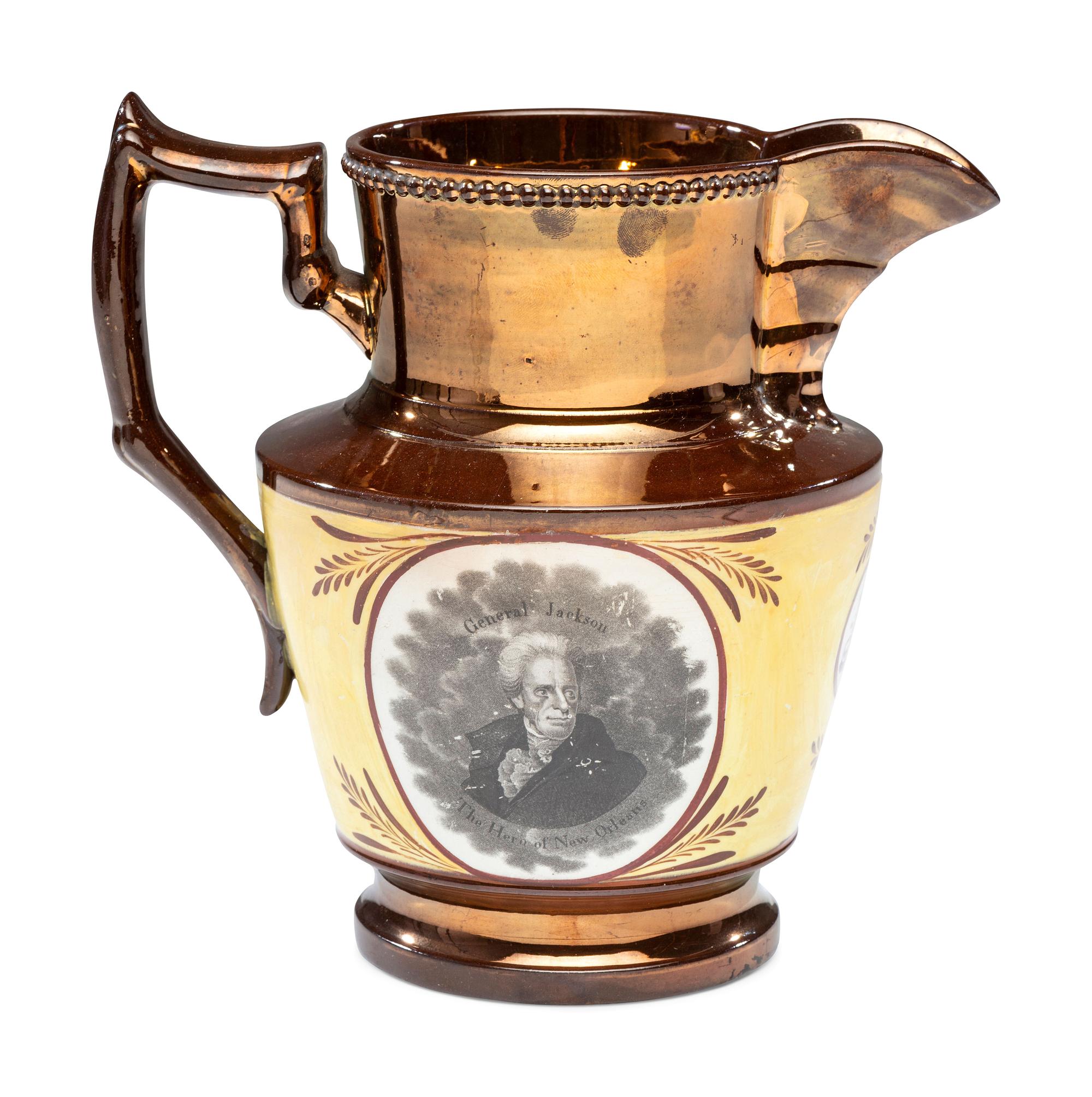 A Staffordshire Transfer-Printed Copper Lustre 'General Jackson Hero of New Orleans' Pitcher