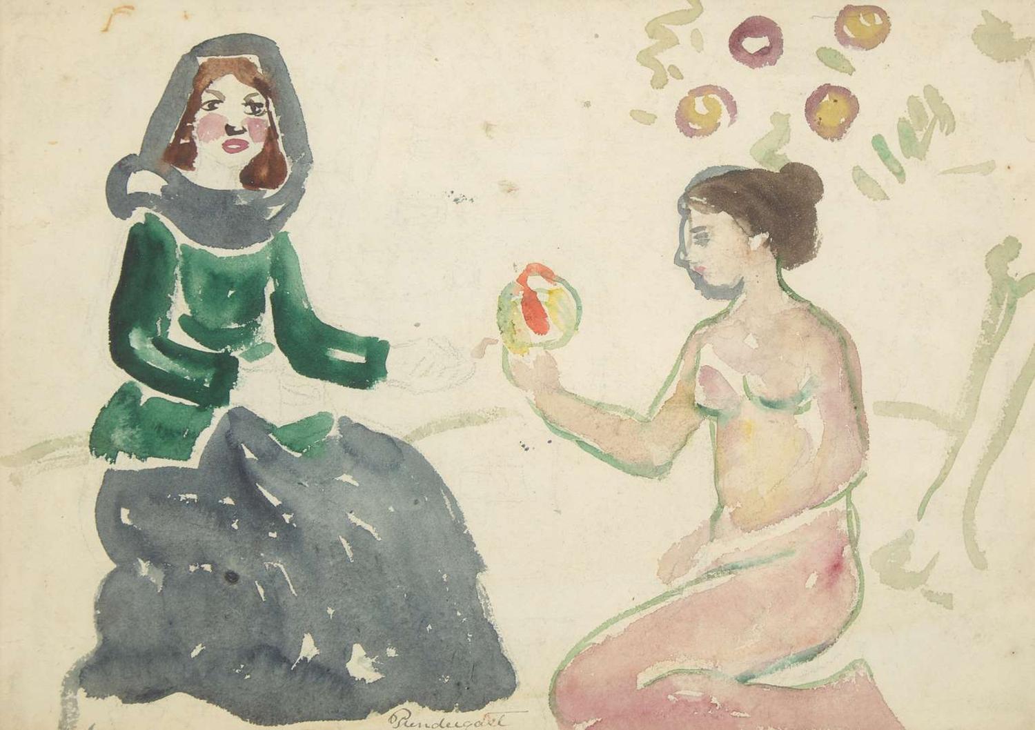 Maurice Prendergast (American, 1858-1924) - Two Girls with Fruit; With Long Wharf verso (A Double-Sided Work)
