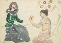 Maurice Prendergast (American, 1858-1924) - Two Girls with Fruit; With Long Wharf verso (A Double-Sided Work)