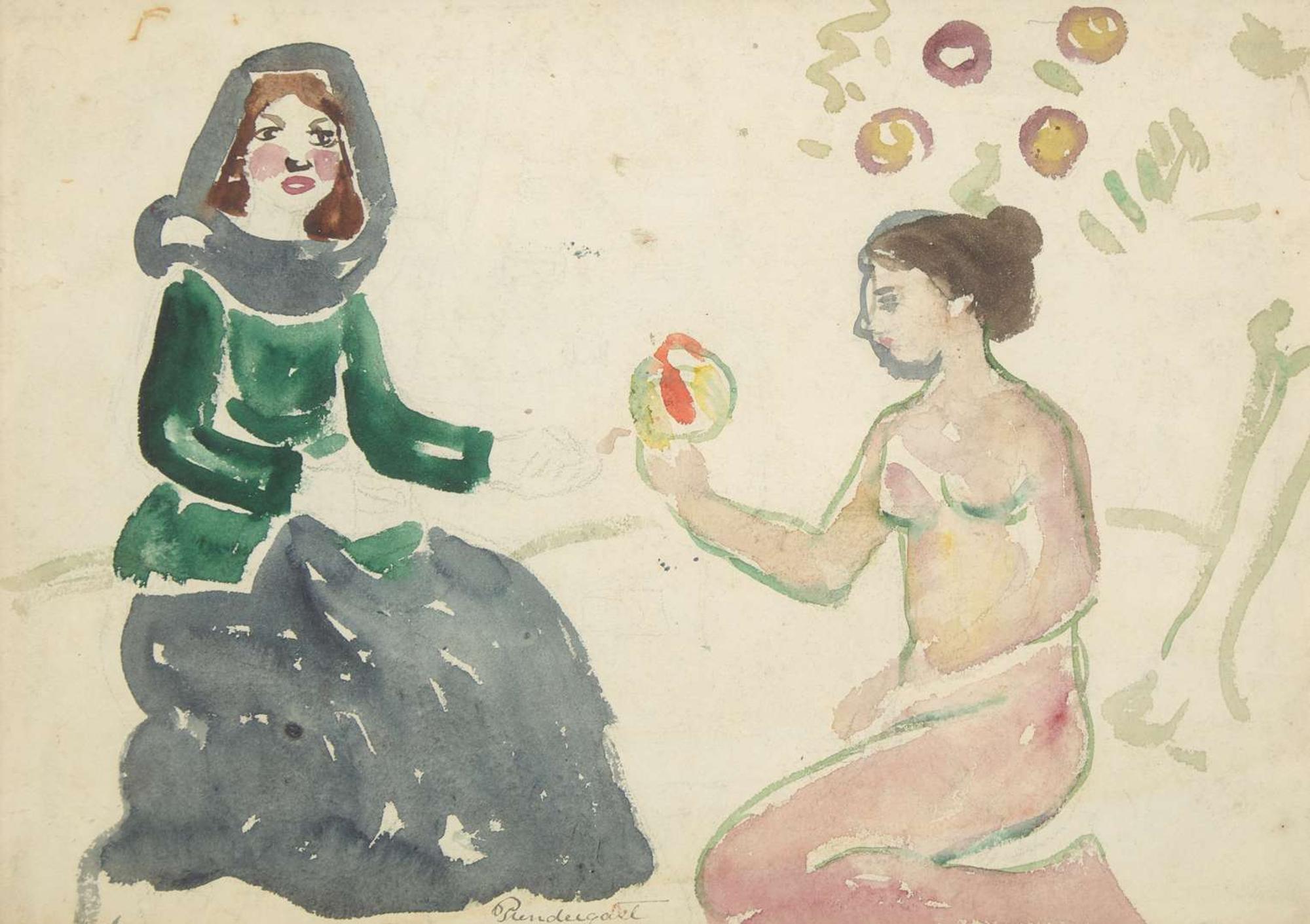 Maurice Prendergast (American, 1858-1924) - Two Girls with Fruit; With Long Wharf verso (A Double-Sided Work)