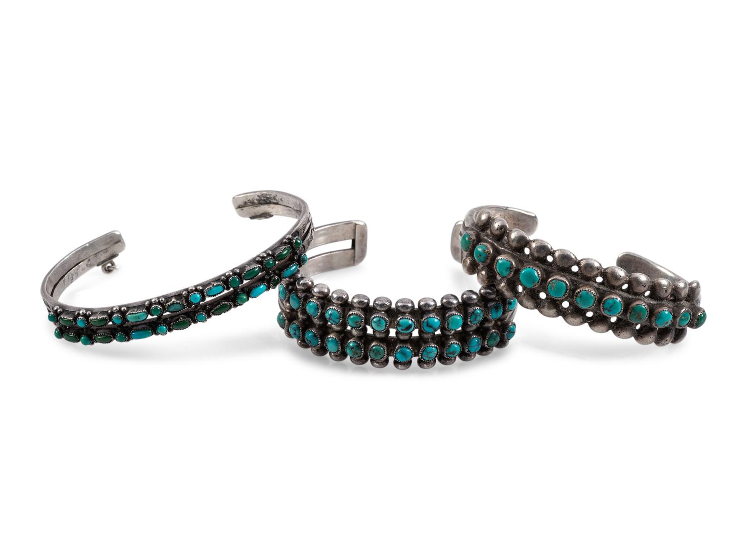 Navajo or Zuni Silver and Petit Point Turquoise Cuff Bracelets