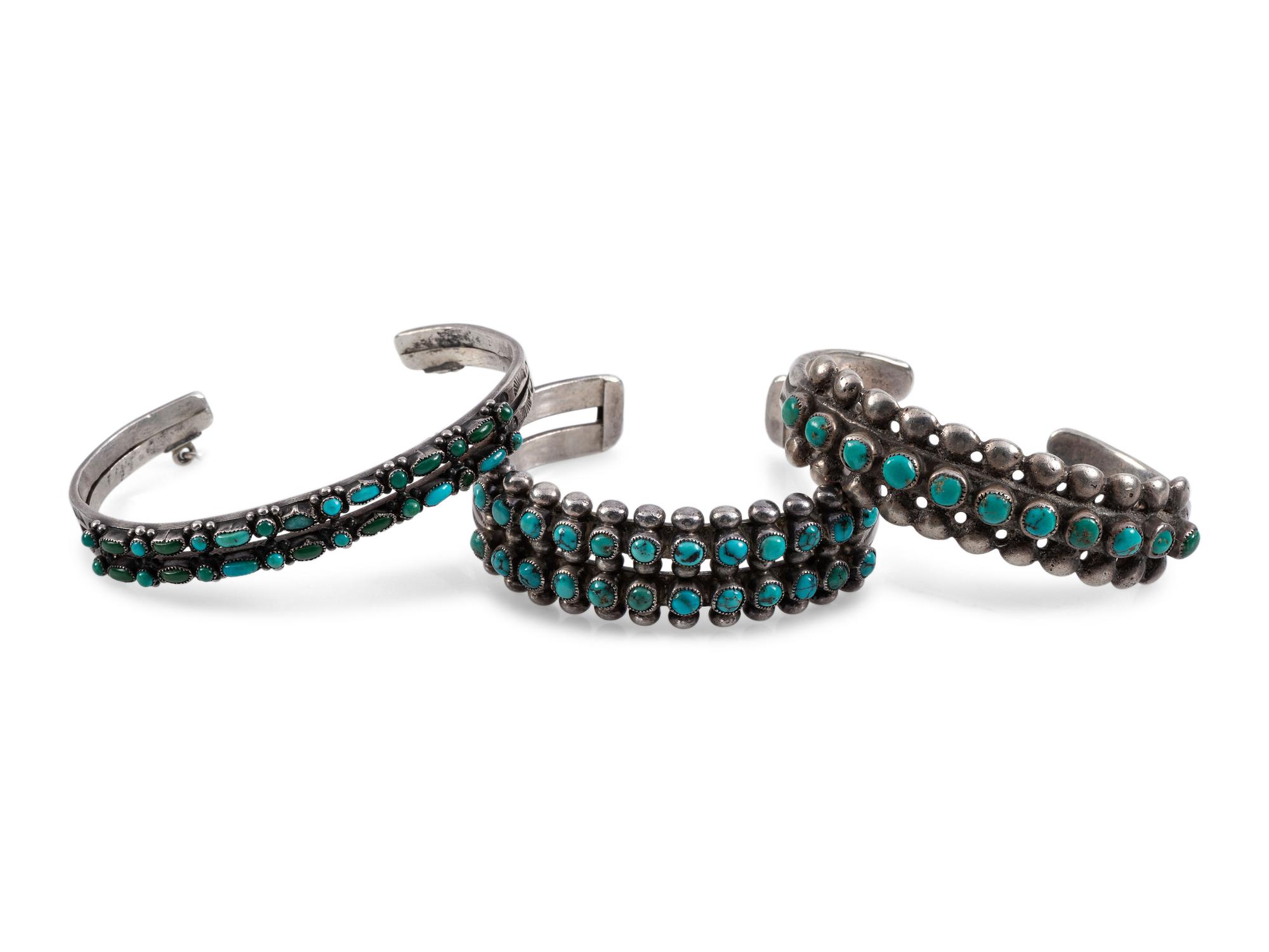 Navajo or Zuni Silver and Petit Point Turquoise Cuff Bracelets