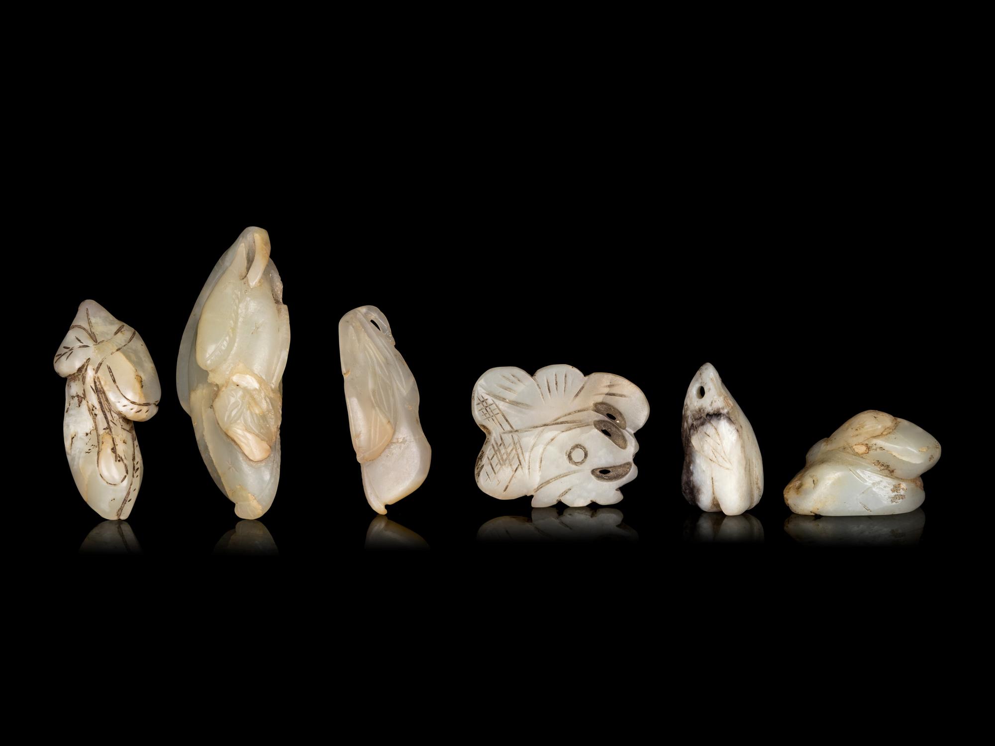Six Chinese Celadon Jade Carvings of Aubergines