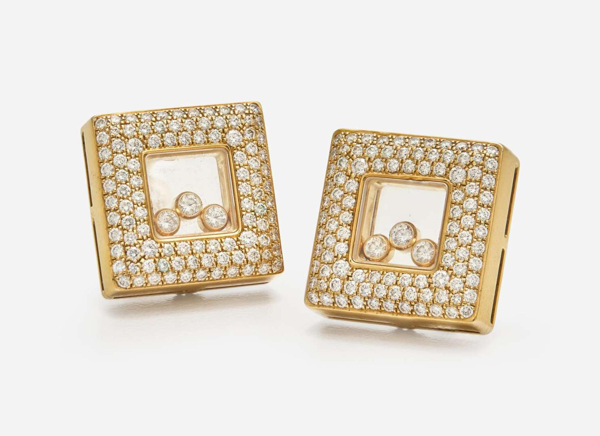 A Pair of 18K Yellow Gold Chopard Happy Diamonds Ear Clips