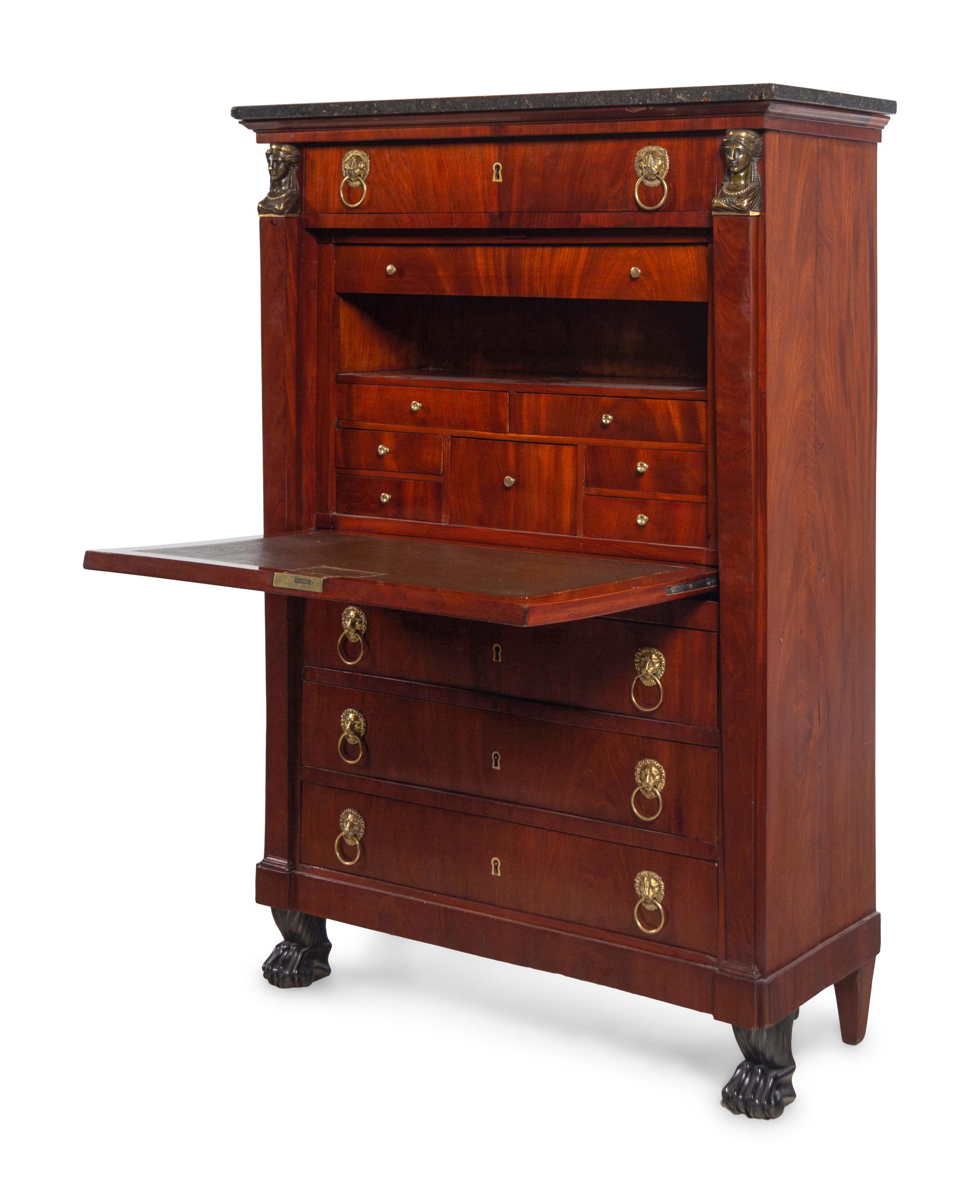 An Empire Style Bronze Mounted Mahogany Marble-Top Secrétaire à Abattant