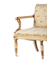 A Louis XVI Style Gold and Cream Paint Decorated Upholstered Settee