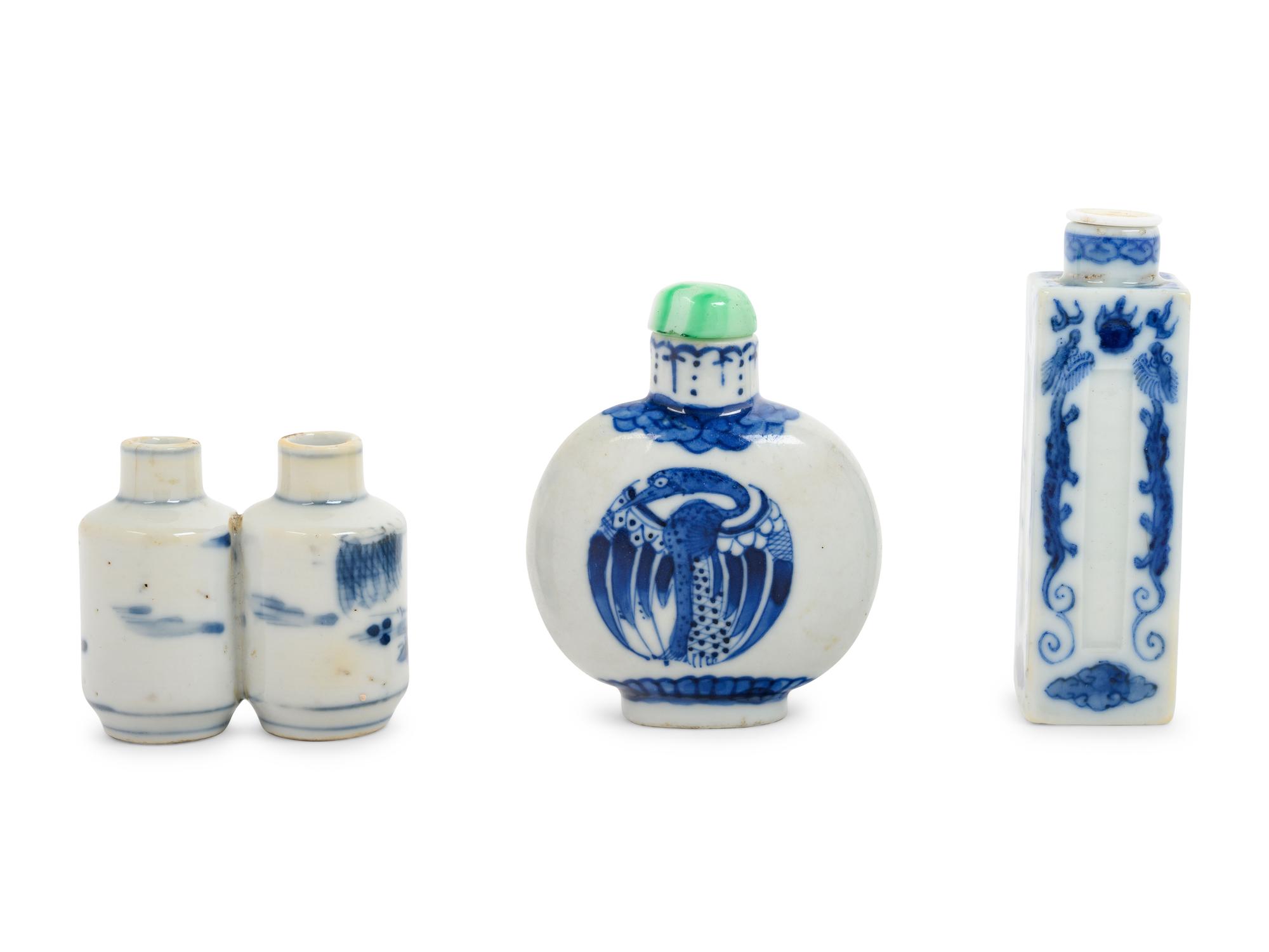 Three Chinese Blue and White Porcelain Snuff Bottles