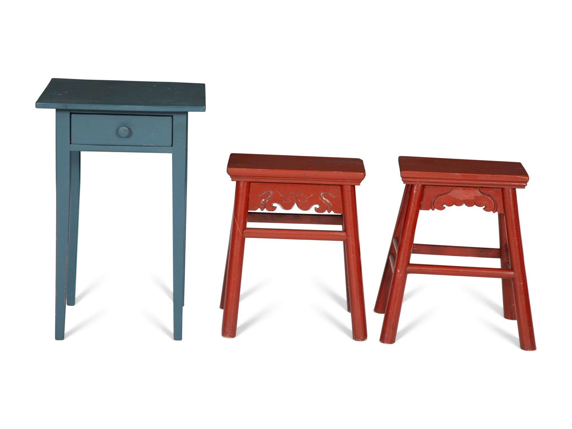 A Pair of Red-Painted Stools and a Blue Painted Side Table
