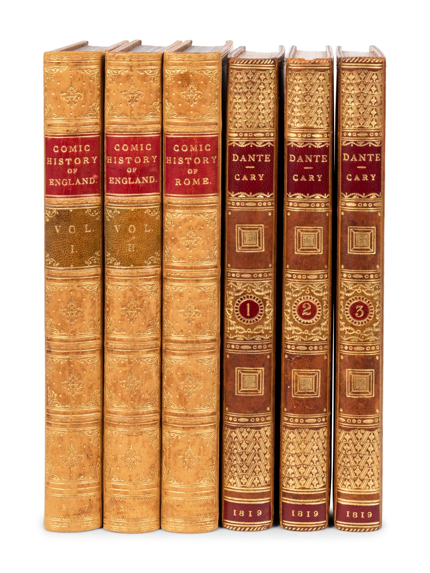 [FINE BINDINGS] -- A'BECKETT, Gilbert Abbott (1811-1856). John LEECH (1817-1864), illustrator. The Comic History of England. London: The Punch Office, 1847-1848. Vol. I-II. --The Comic History of Rome . London: Bradbury and Evans, [ca 1851]. Vol. III.