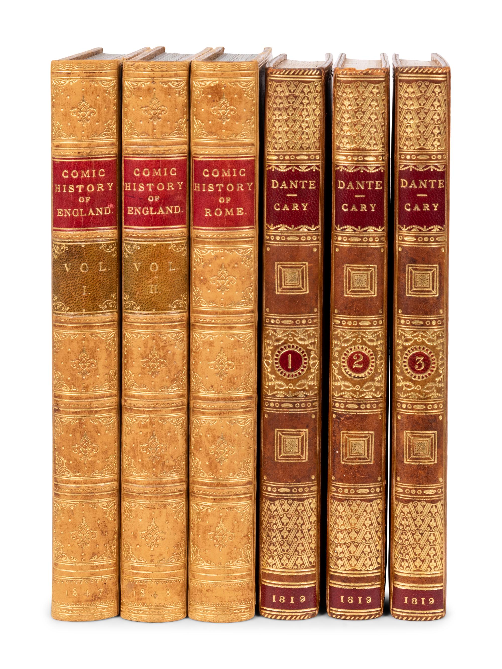 [FINE BINDINGS] -- A'BECKETT, Gilbert Abbott (1811-1856). John LEECH (1817-1864), illustrator. The Comic History of England. London: The Punch Office, 1847-1848. Vol. I-II. --The Comic History of Rome . London: Bradbury and Evans, [ca 1851]. Vol. III.