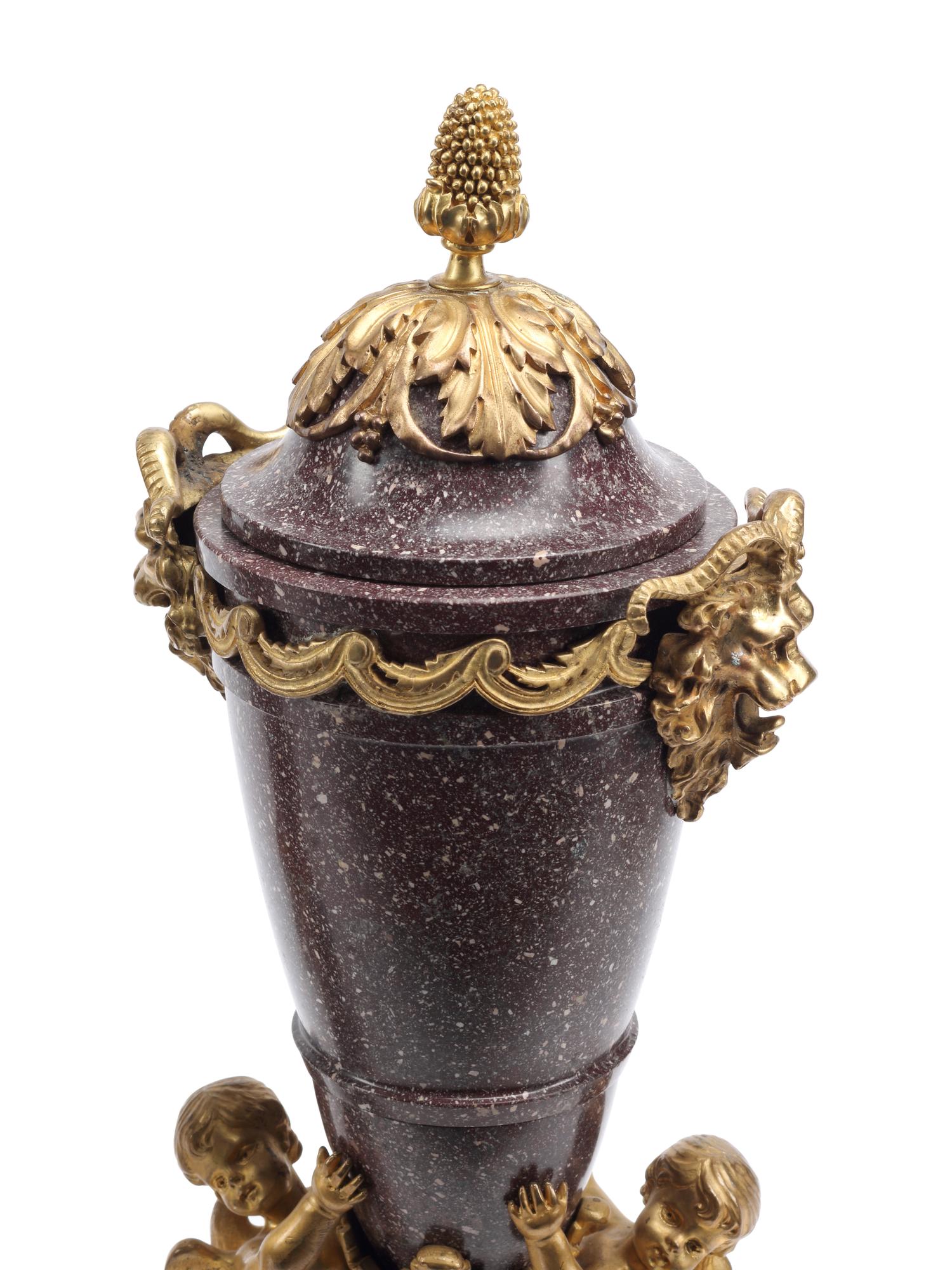 A Pair of Gilt Bronze Mounted Carved Hardstone Urns