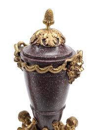 A Pair of Gilt Bronze Mounted Carved Hardstone Urns