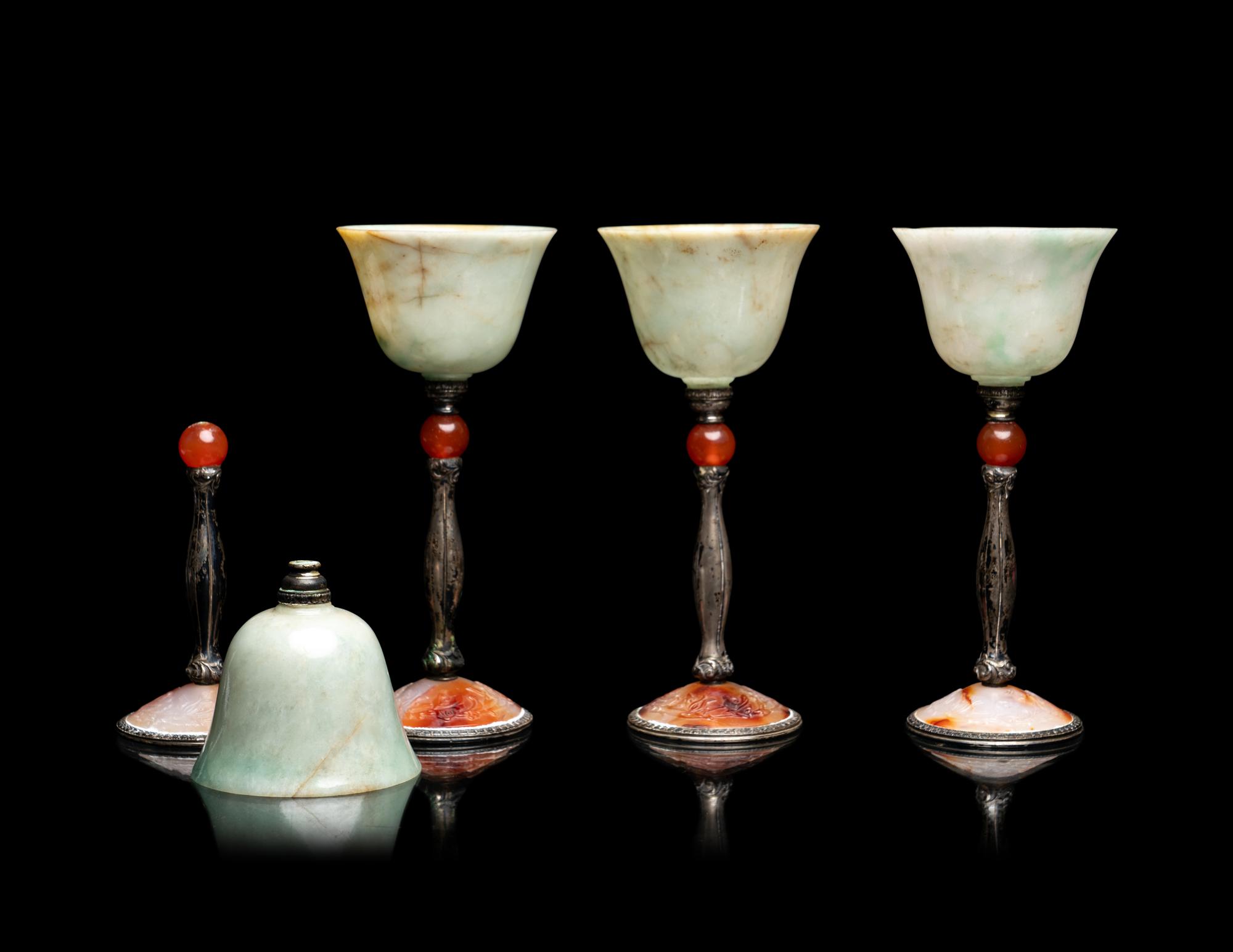 A Set of Four Chinese Jadeite, Agate and Silvered Metal Mounted Goblets