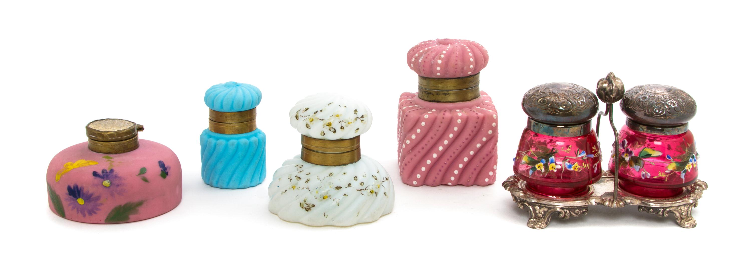 A Collection of Victorian Glass Inkwells, Height of tallest 3 1/8 inches.