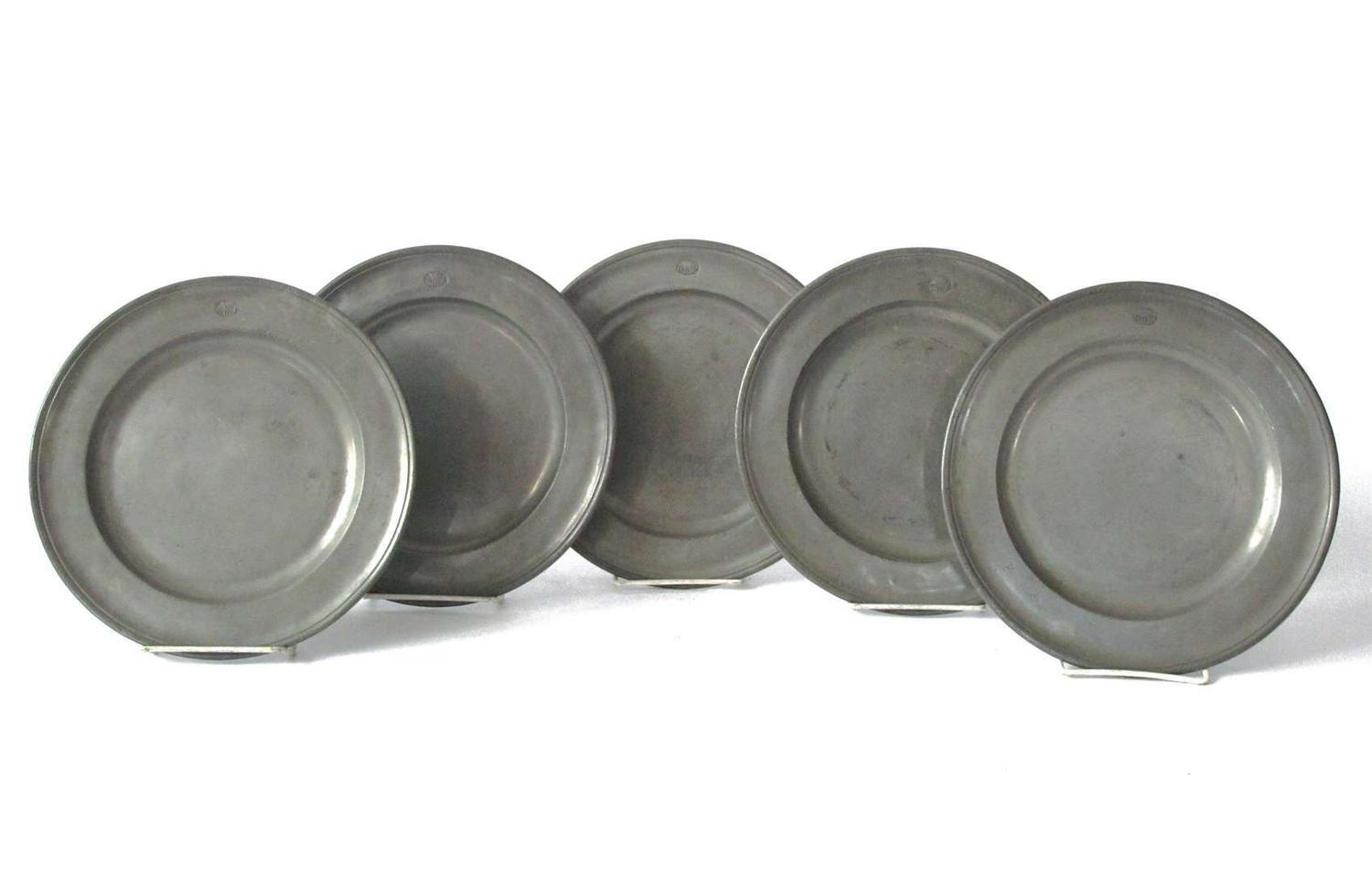 Five English pewter plates george beeton, london, mid 18th century