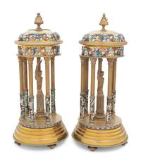 A Pair of French Gilt Bronze and Champlevé Enamel Stands with Interior Sphinxes
