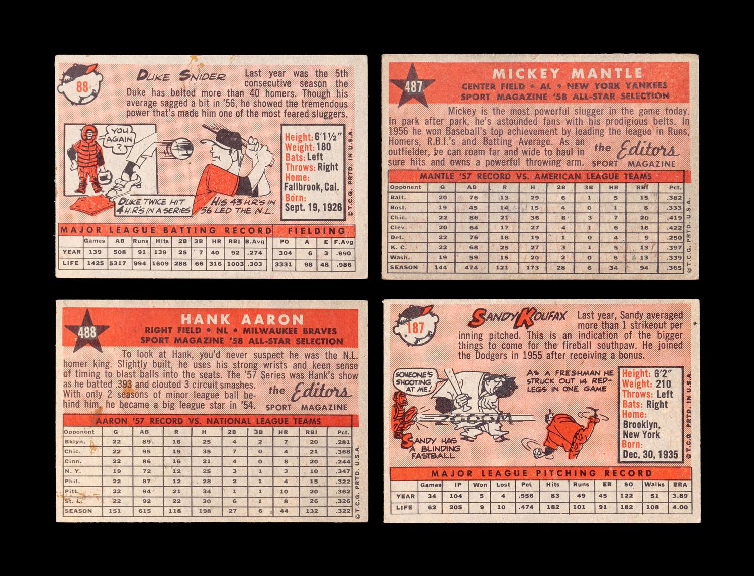A Group of Four 1958 Topps Baseball Cards Including Mickey Mantle,