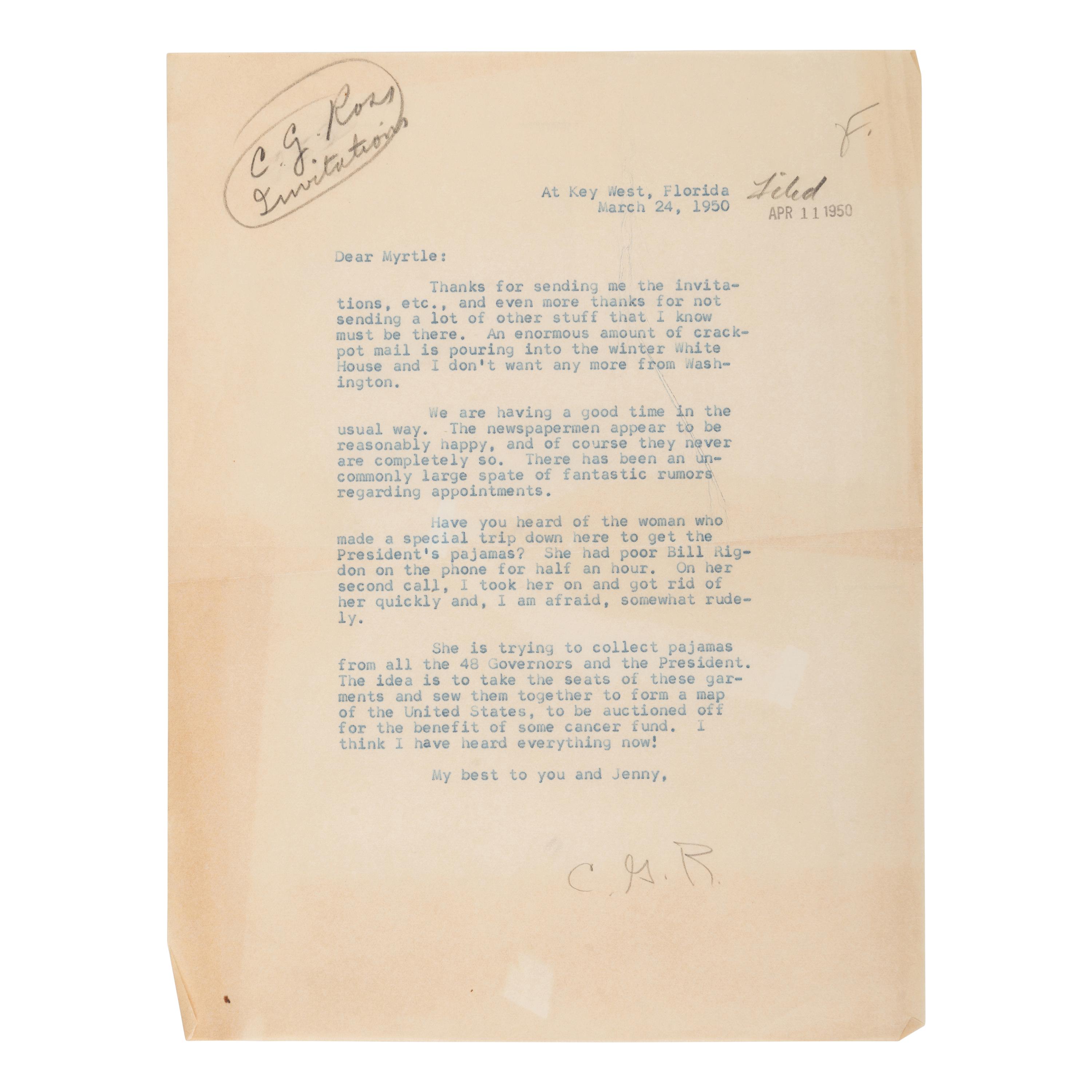 [WWII]. A small archive of official White House documents from the files of White House secretary Myrtle Bergheim, relating to the attack on Pearl Harbor and other pre- and postwar events, comprising: