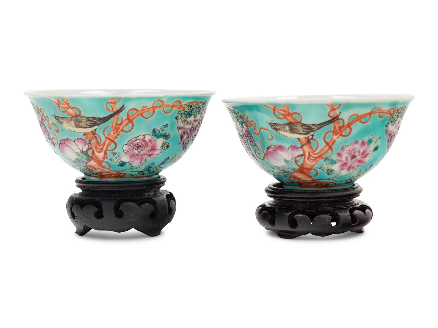 A Pair of Chinese Famille Rose Turquoise Ground 'Grapes' Bowls