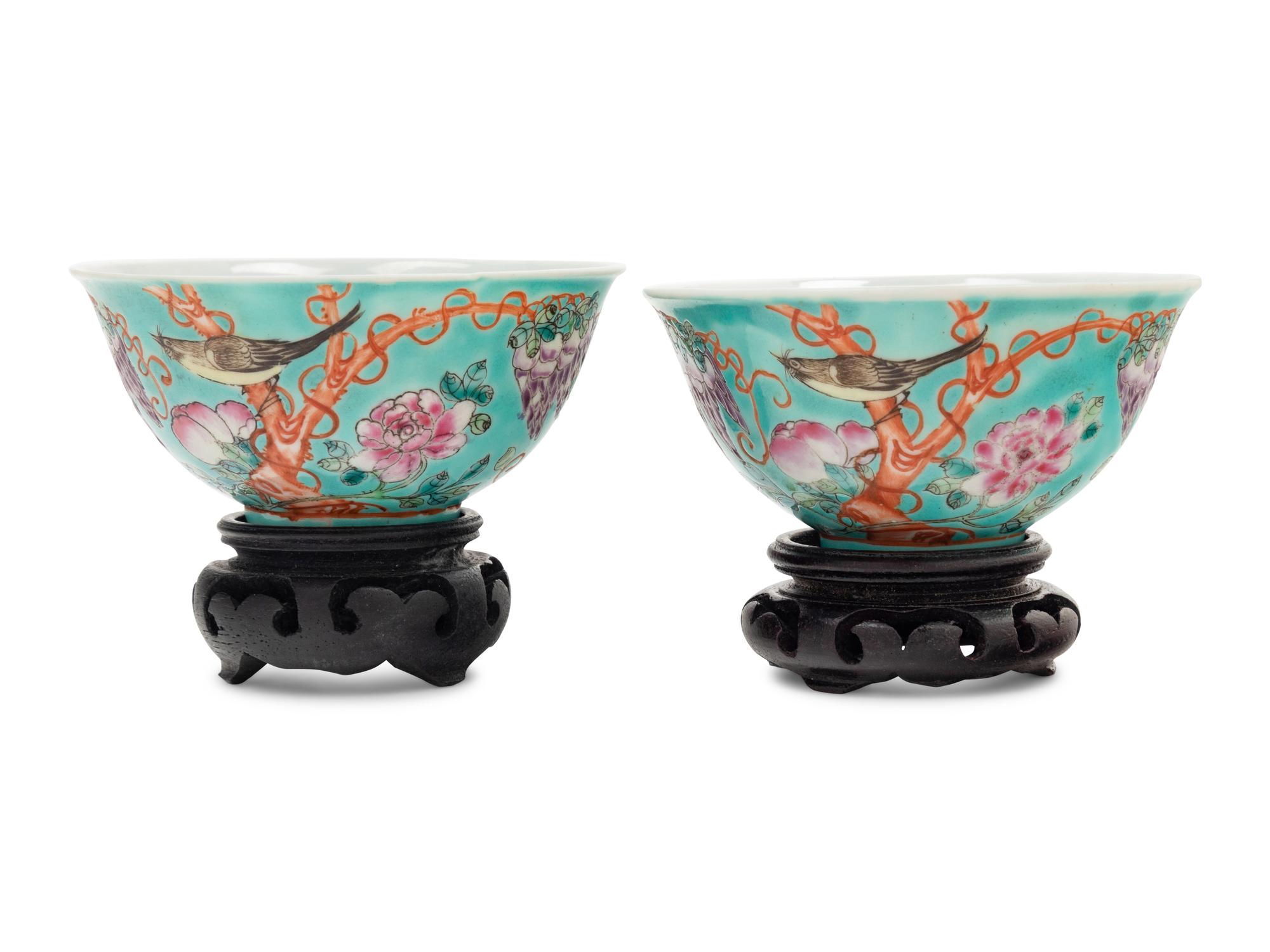 A Pair of Chinese Famille Rose Turquoise Ground 'Grapes' Bowls