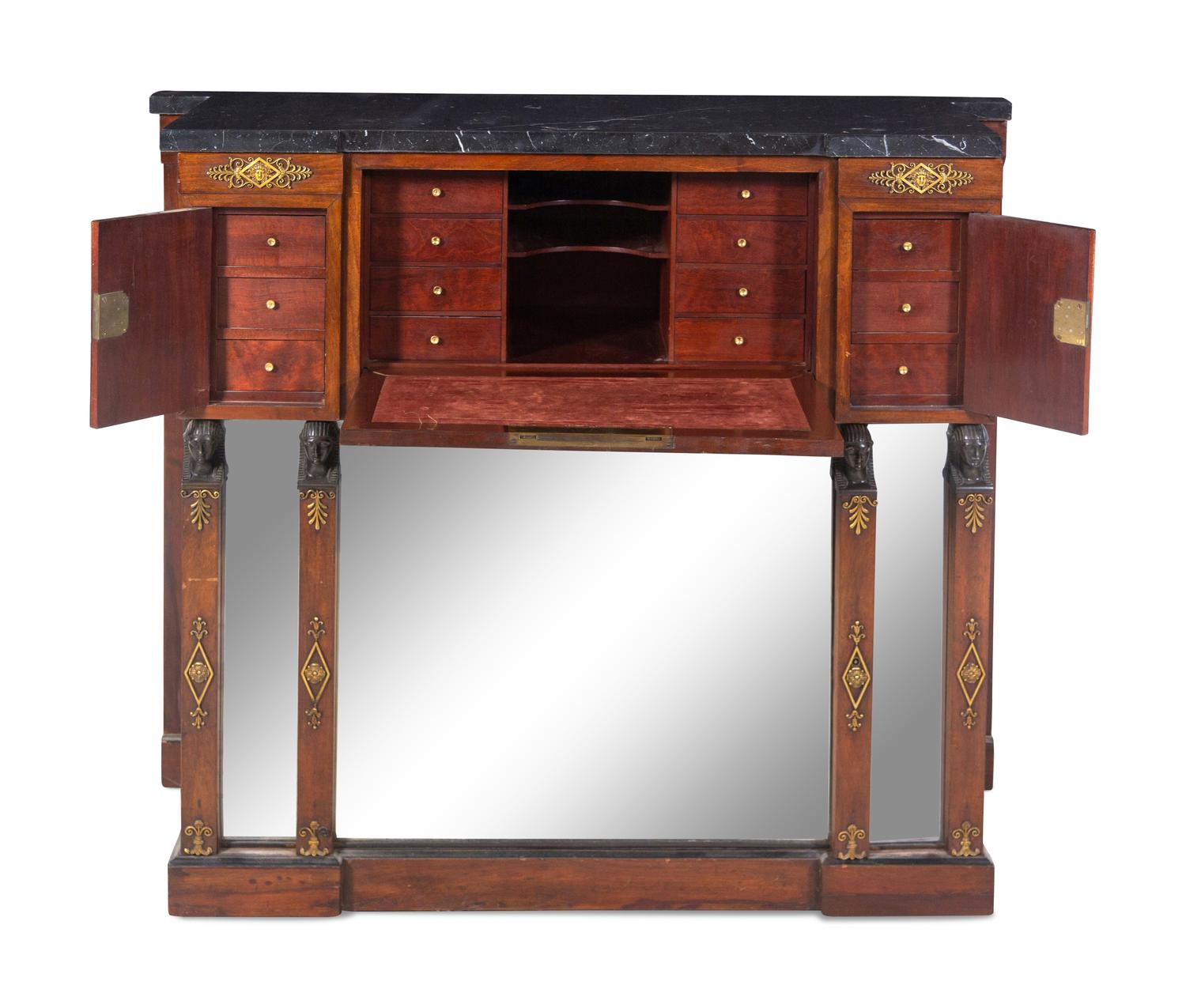 An Empire Style Gilt and Patinated Bronze Mounted Mahogany Marble-Top Secretary Bureau