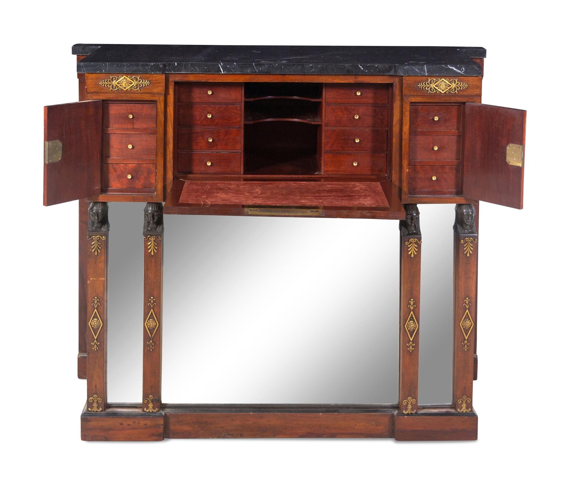 An Empire Style Gilt and Patinated Bronze Mounted Mahogany Marble-Top Secretary Bureau