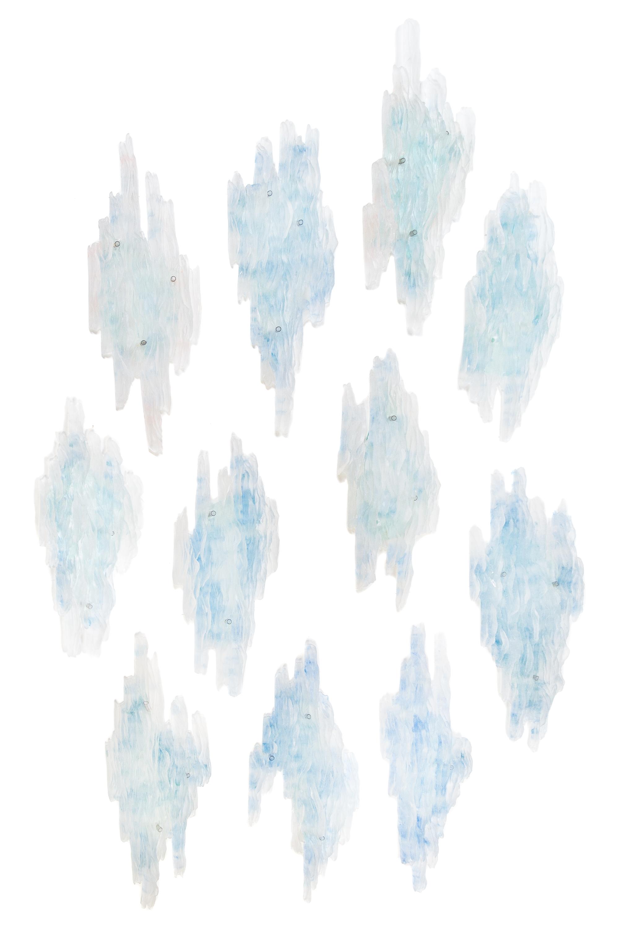 American, 21ST CENTURY, a hanging sculpture, comprised of 11 molded glass tiles hanging from steel bars