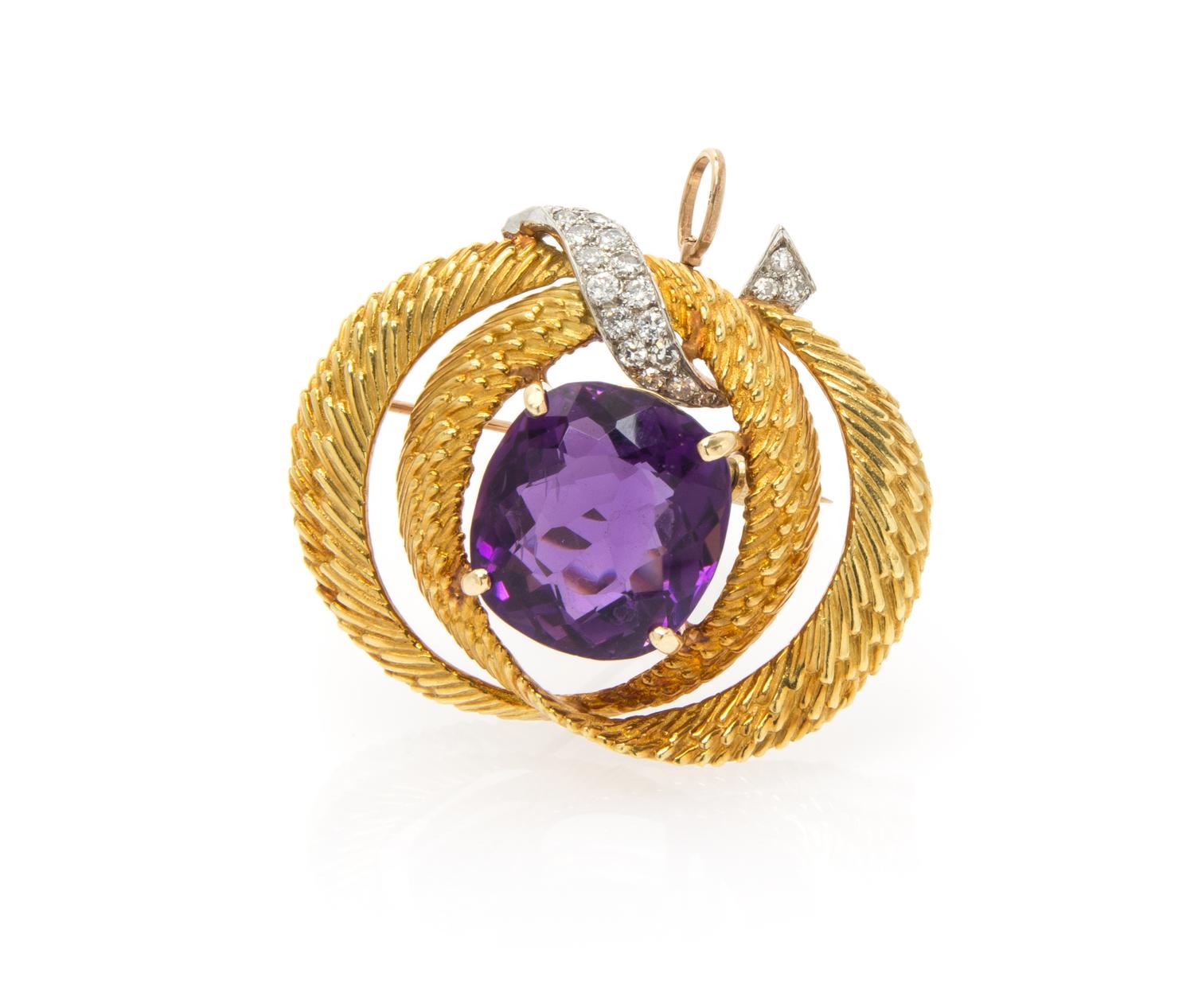 A Vintage 18 Karat Gold, Amethyst and Diamond Pendant/Brooch, 17.70 dwts.
