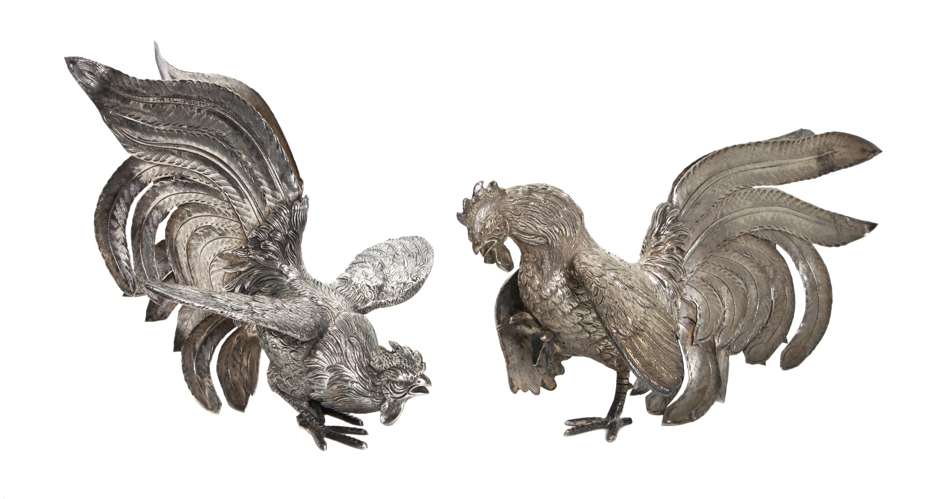 Two Peruvian Silver Fighting Roosters Height 7 1/4 inches — Camusso, 20th Century