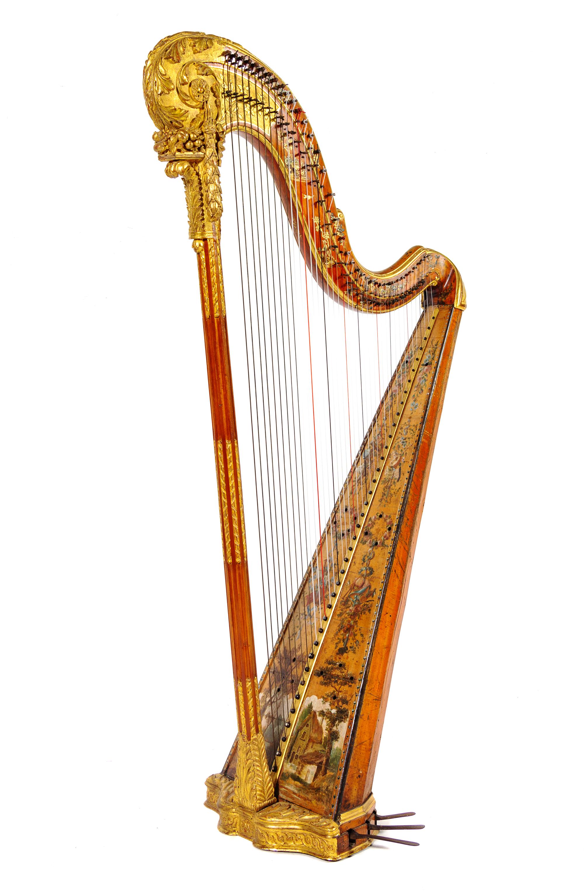 A Louis XVI Parcel Gilt and Painted Satinwood Harp