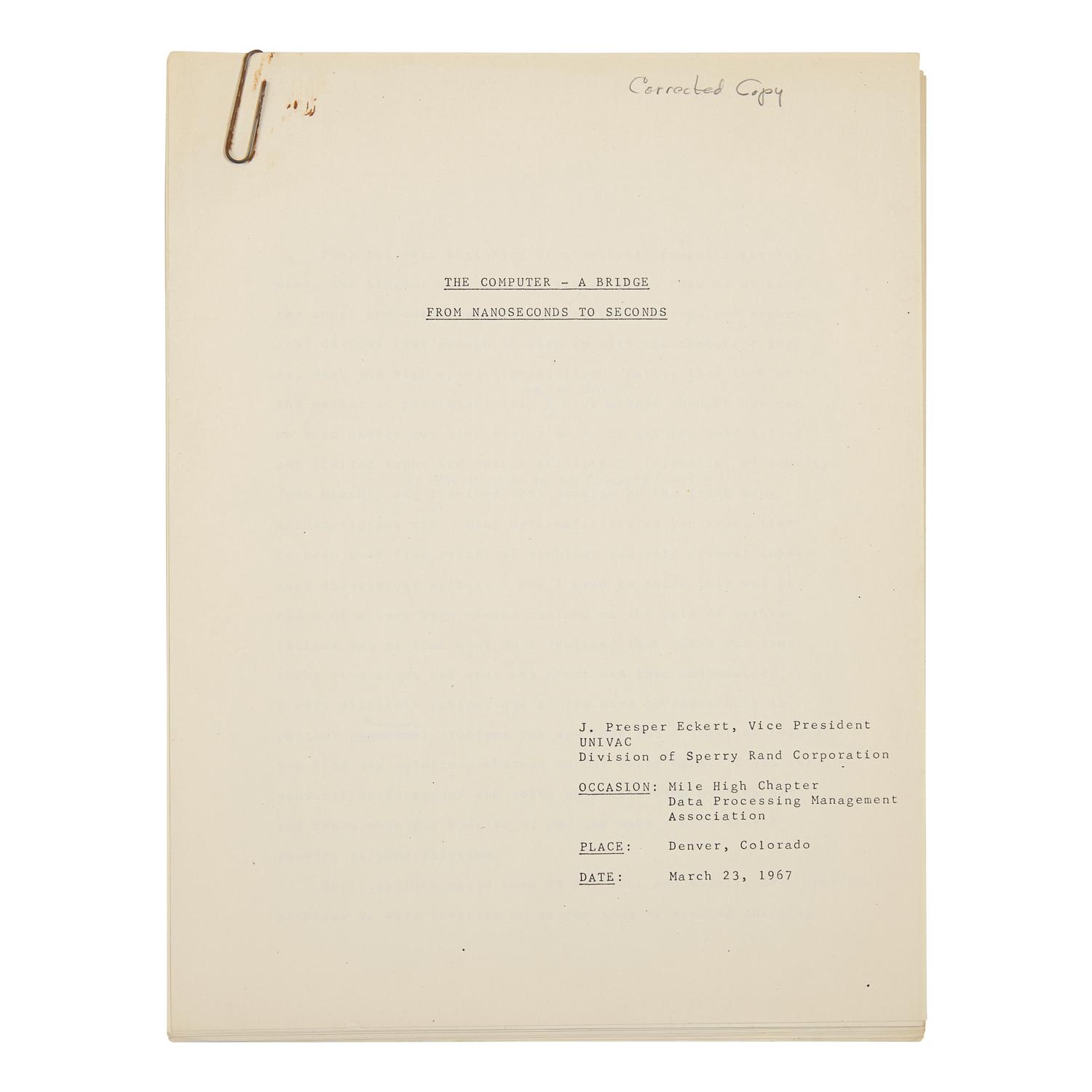 [Technology] Designer of the First American Commercial Computer, J. Presper Eckert's Corrected Copy of a Speech on Computing